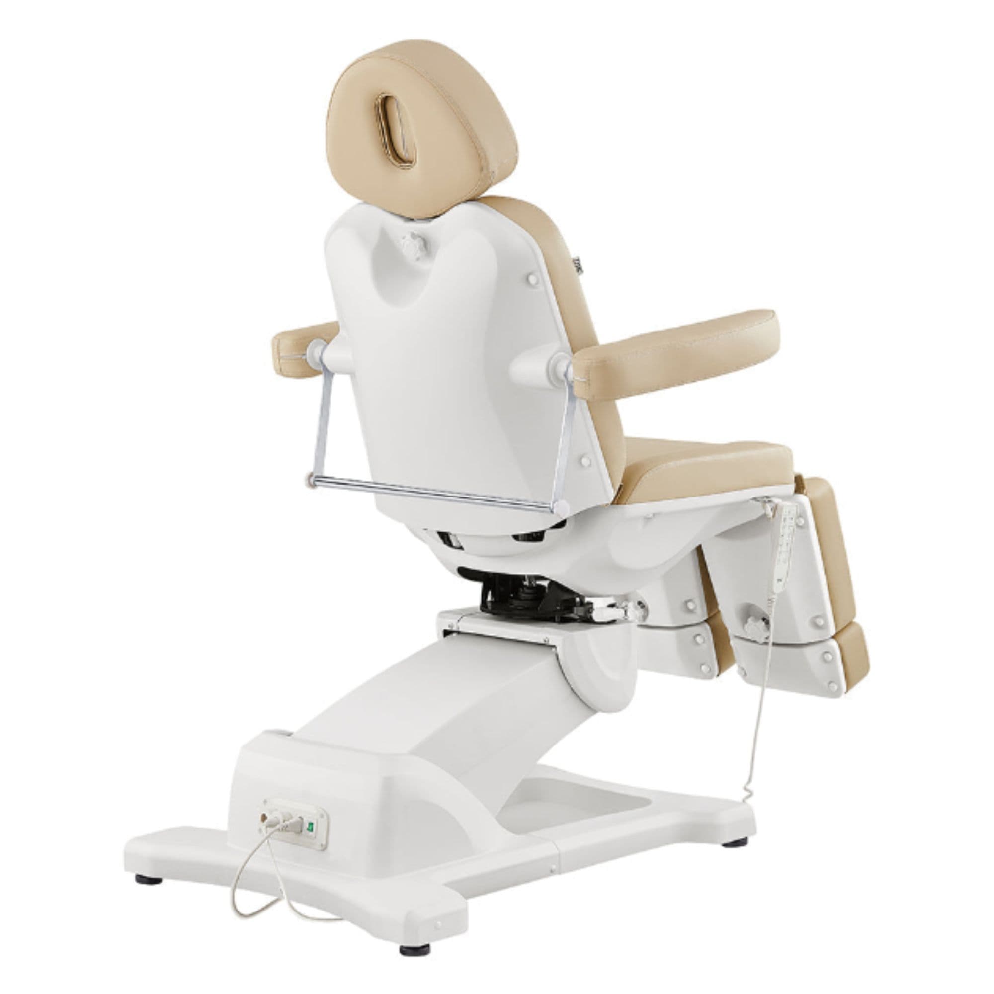 DIR Libra 5-Motors Electric Medical Procedure Chair with Split Legs Beige Rear Angled View With Foot Control On White Background