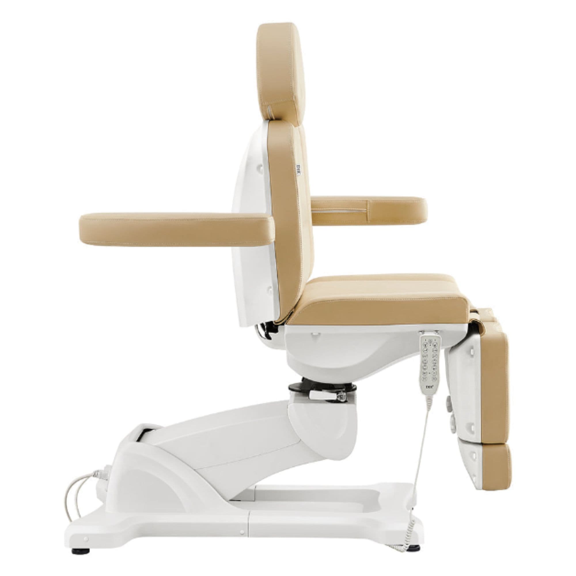 DIR Libra 5-Motors Electric Medical Procedure Chair with Split Legs Beige Side View Demonstrating Adjustable Armrest On White Background