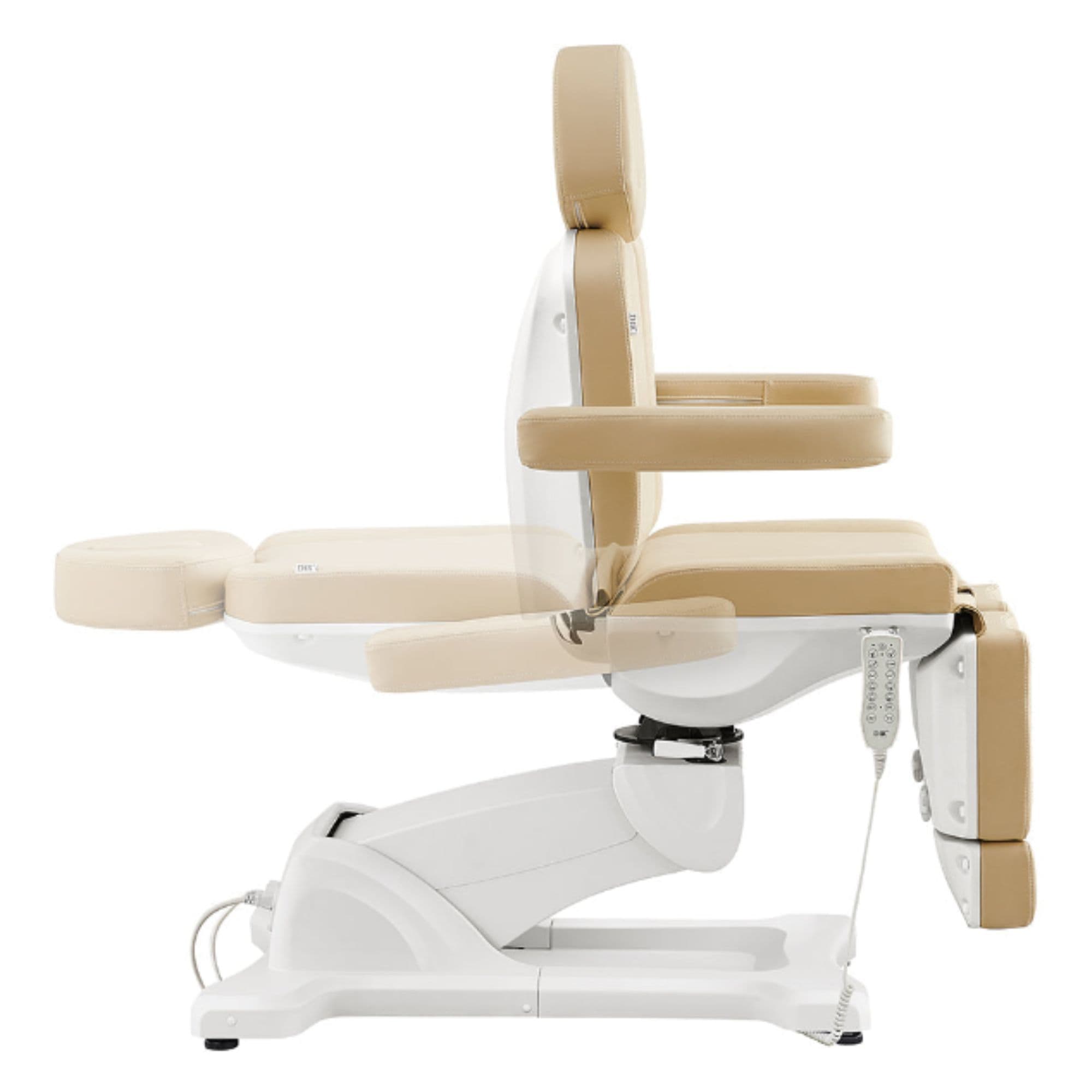 DIR Libra 5-Motors Electric Medical Procedure Chair with Split Legs Beige Side View Demonstrating Backrest Recline Adjustment Range On White Background