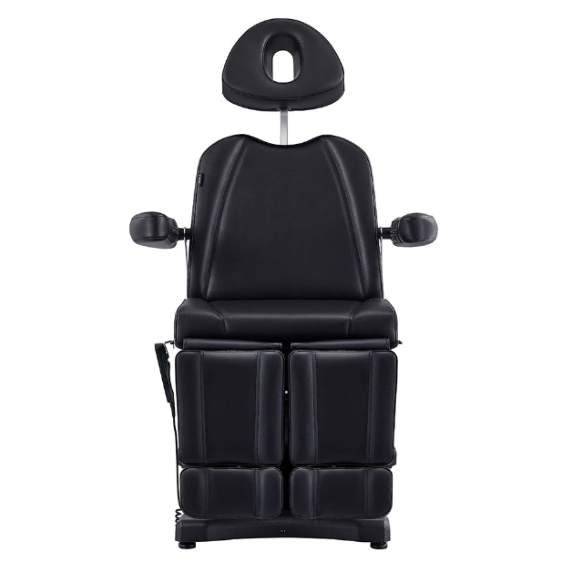 DIR Libra 5-Motors Electric Medical Procedure Chair with Split Legs Black Front View Showing Pulled-up Headrest On White Background