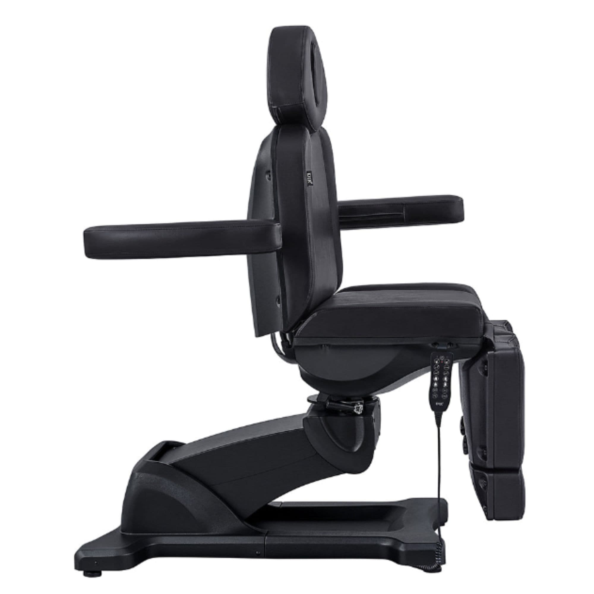 DIR Libra 5-Motors Electric Medical Procedure Chair with Split Legs Black Side View Demonstrating Adjustable Armrest On White Background