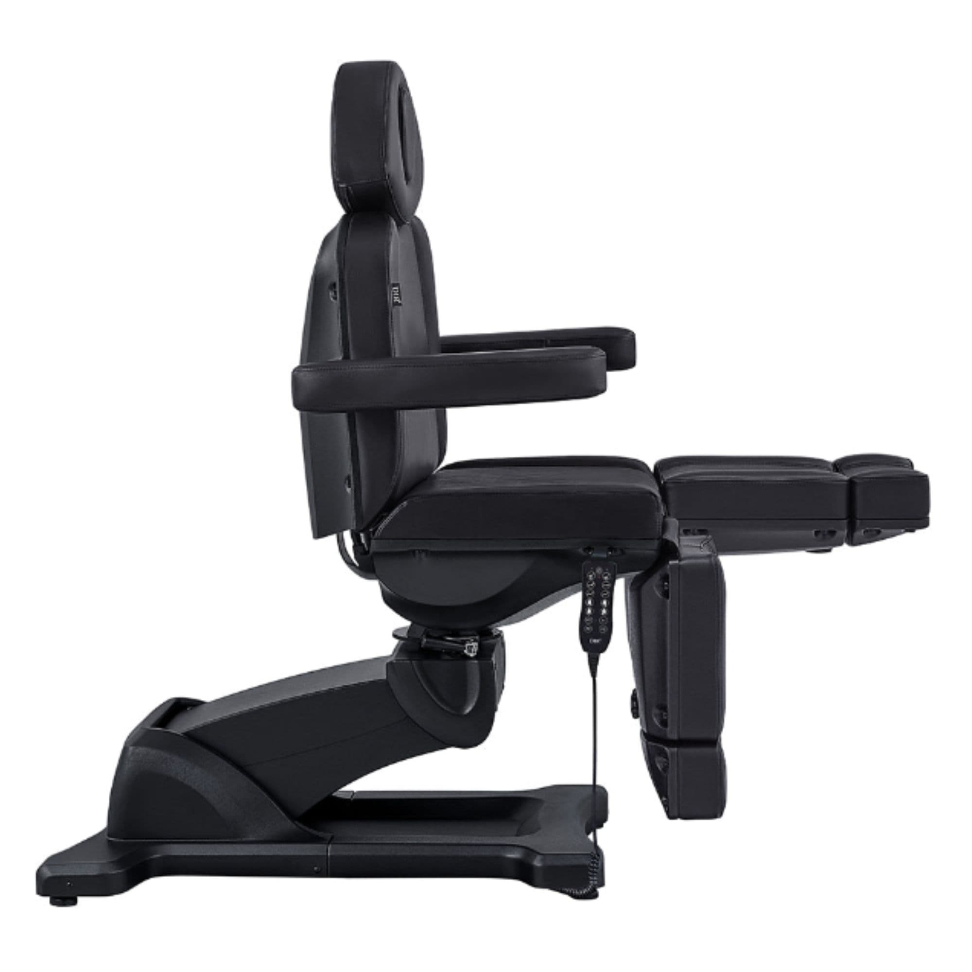 DIR Libra 5-Motors Electric Medical Procedure Chair with Split Legs Black Side View Demonstrating Leg Rest Full Recline Adjustment Range On White Background