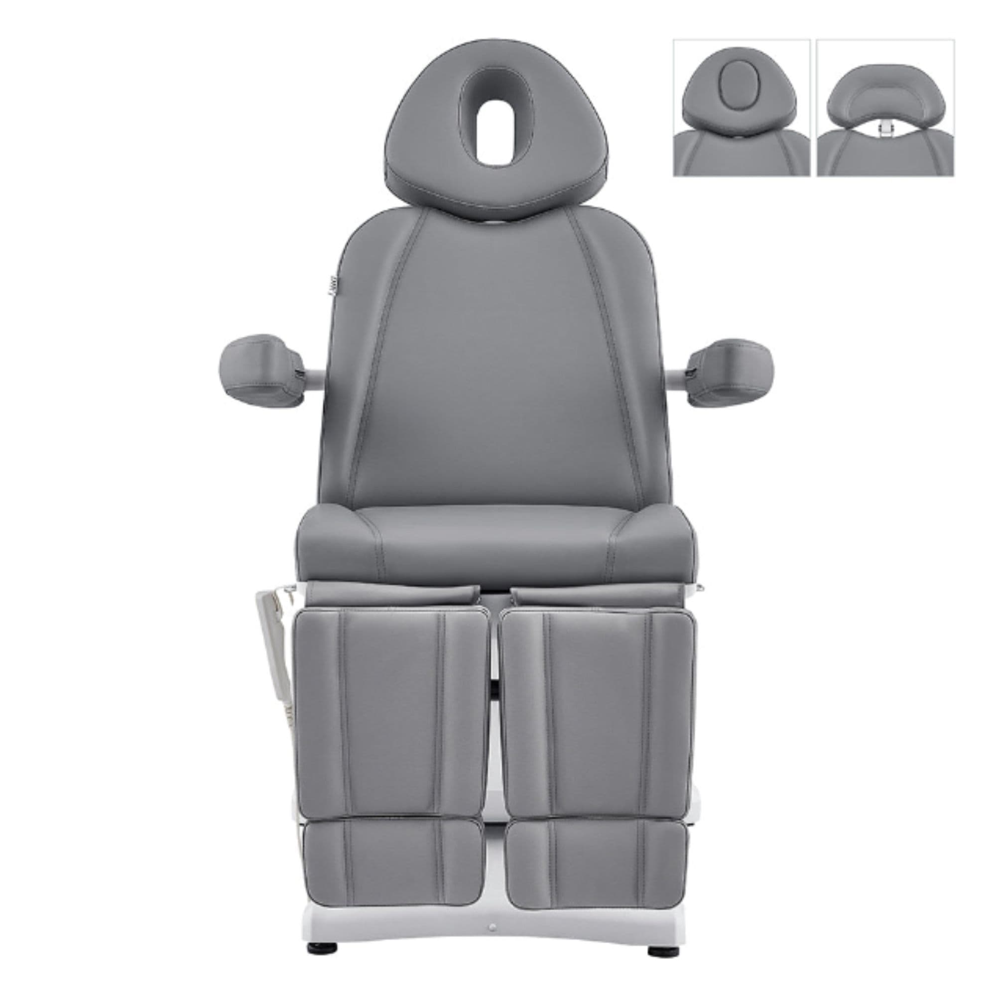 DIR Libra 5-Motors Electric Medical Procedure Chair with Split Legs Gray Front View Showing Multiple Headrest Option On White Background