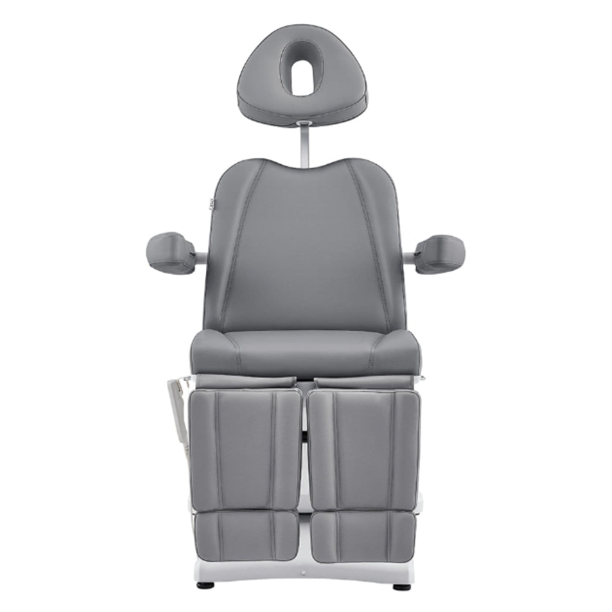 DIR Libra 5-Motors Electric Medical Procedure Chair with Split Legs Gray Front View Showing Pulled-up Headrest On White Background