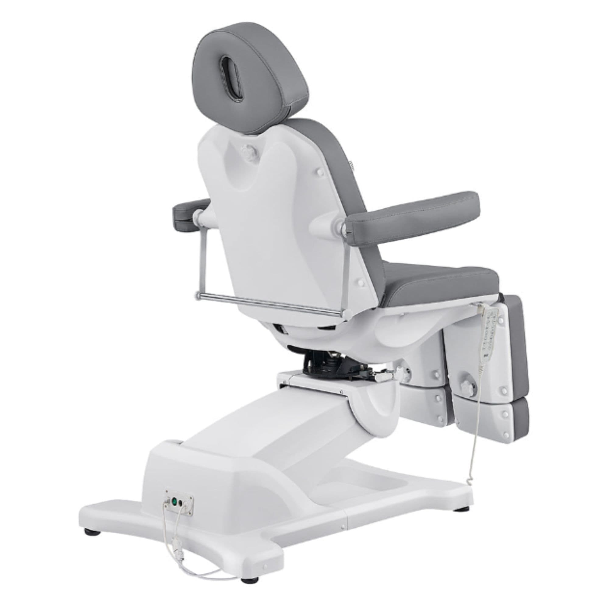DIR Libra 5-Motors Electric Medical Procedure Chair with Split Legs Gray Rear Angled View With Foot Control On White Background