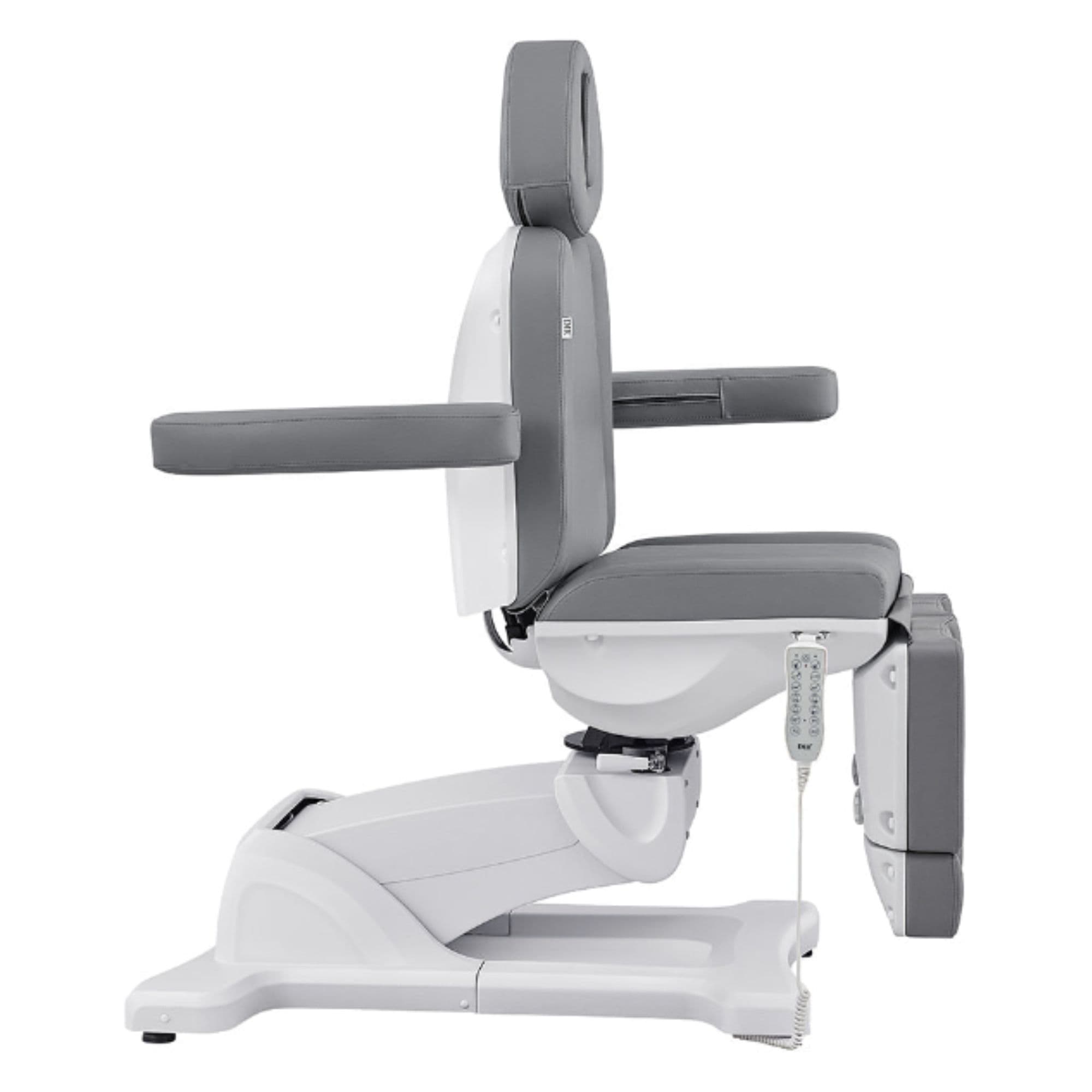 DIR Libra 5-Motors Electric Medical Procedure Chair with Split Legs Gray Side View Demonstrating Adjustable Armrest On White Background