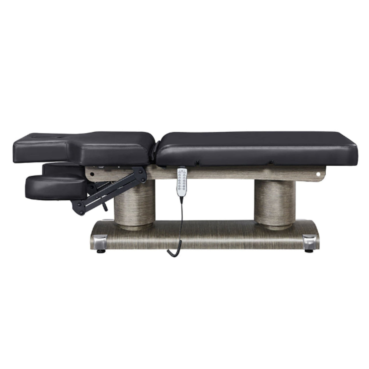 DIR Luxi 4-Motor Electric Spa Treatment Table Side View And Fully Reclined Of Black Color With Slightly Adjusted Side Cushion And Remote Control On White Background