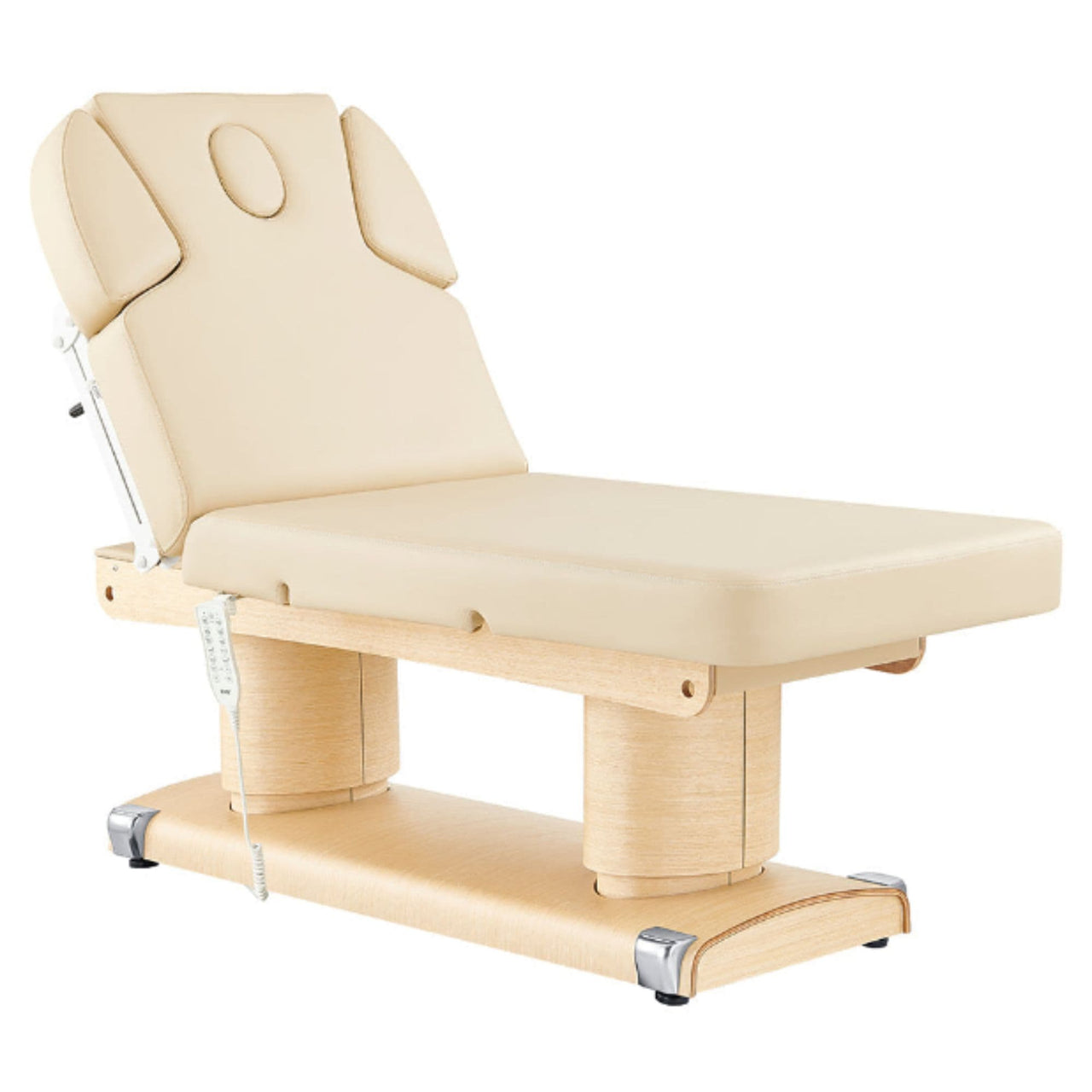 DIR Luxi 4-Motors Medical Spa Treatment Bed Front Angled View Of Beige Color With Remote Control On White Background