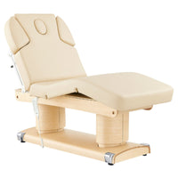 Thumbnail for DIR Luxi 4-Motors Medical Spa Treatment Bed Front Angled View Of Beige Color With Semi-Folded Leg Section And Remote Control On White Background