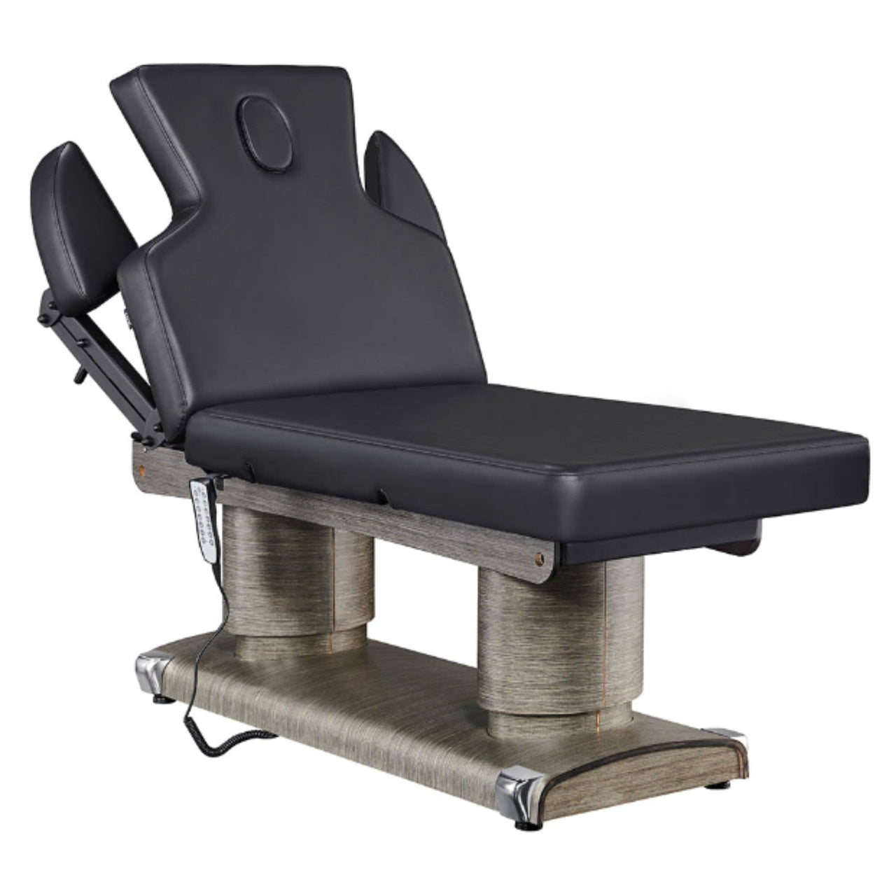 DIR Luxi 4-Motors Medical Spa Treatment Bed Front Angled View Of Black Color With Adjustable Side Cushions On White Background