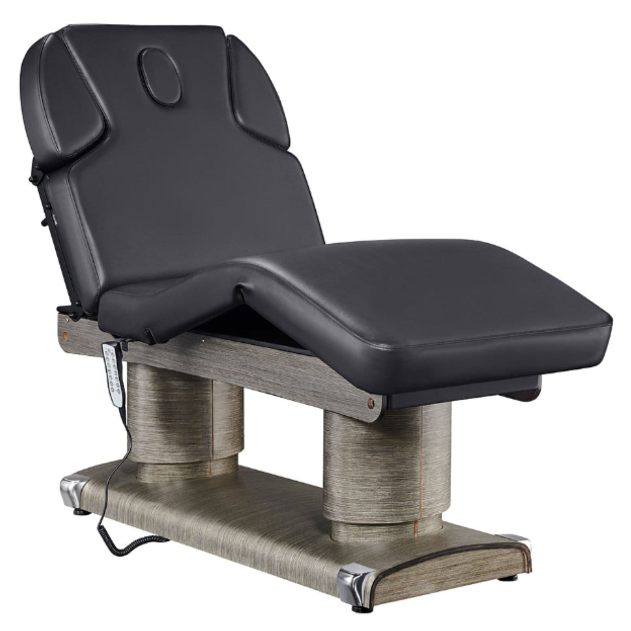 DIR Luxi 4-Motors Medical Spa Treatment Bed Front Angled View Of Black Color With Semi-Folded Leg Section And Remote Control On White Background