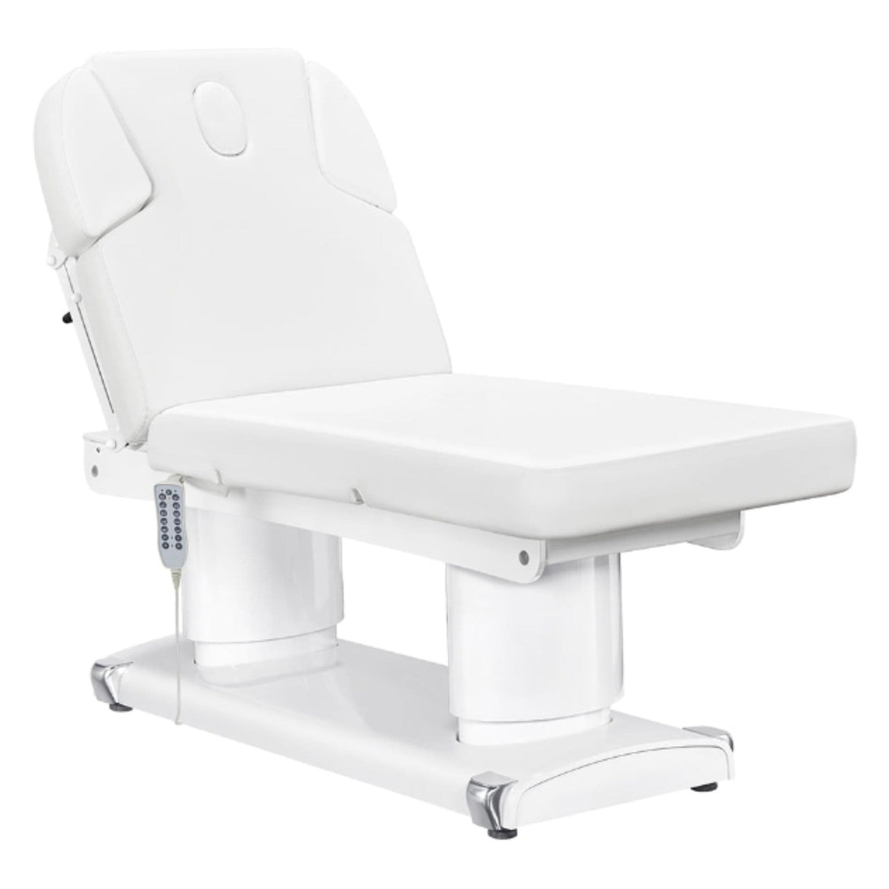 DIR Luxi 4-Motors Medical Spa Treatment Bed Front Angled View Of White Color With Remote Control On White Background