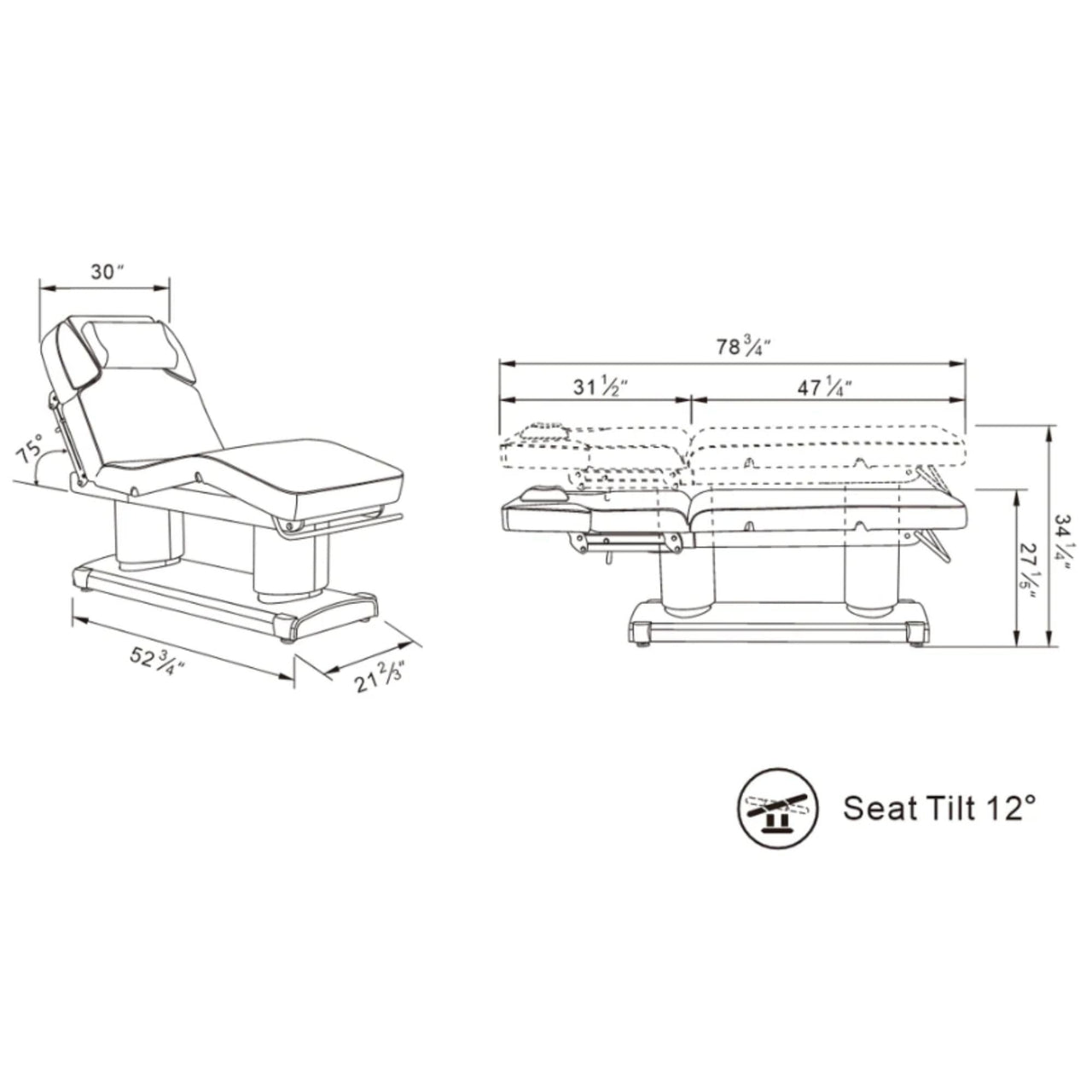 DIR Luxi 4-Motors Medical Spa Treatment Bed Product Dimension Diagram