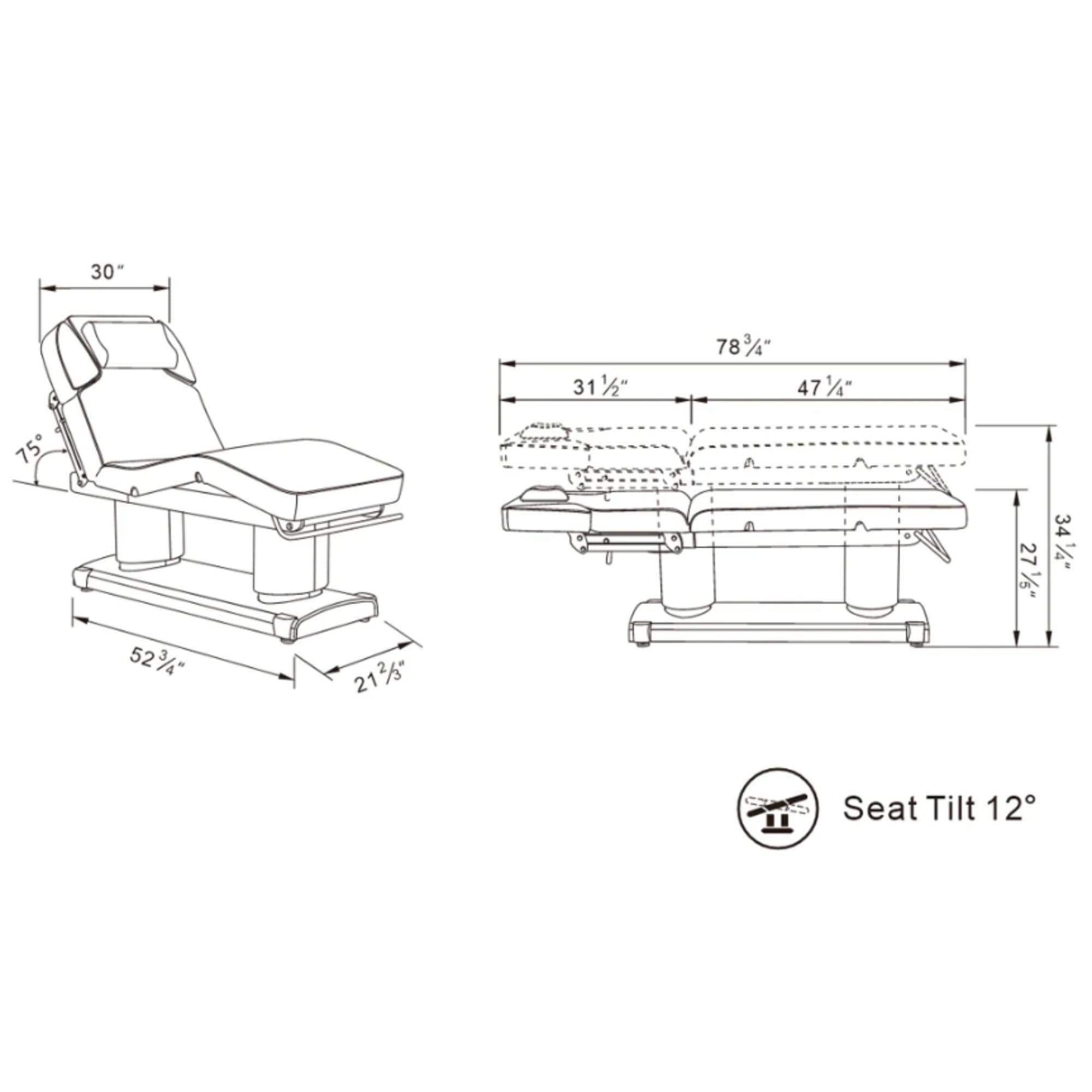 DIR Luxi 4-Motors Medical Spa Treatment Bed Product Dimension Diagram