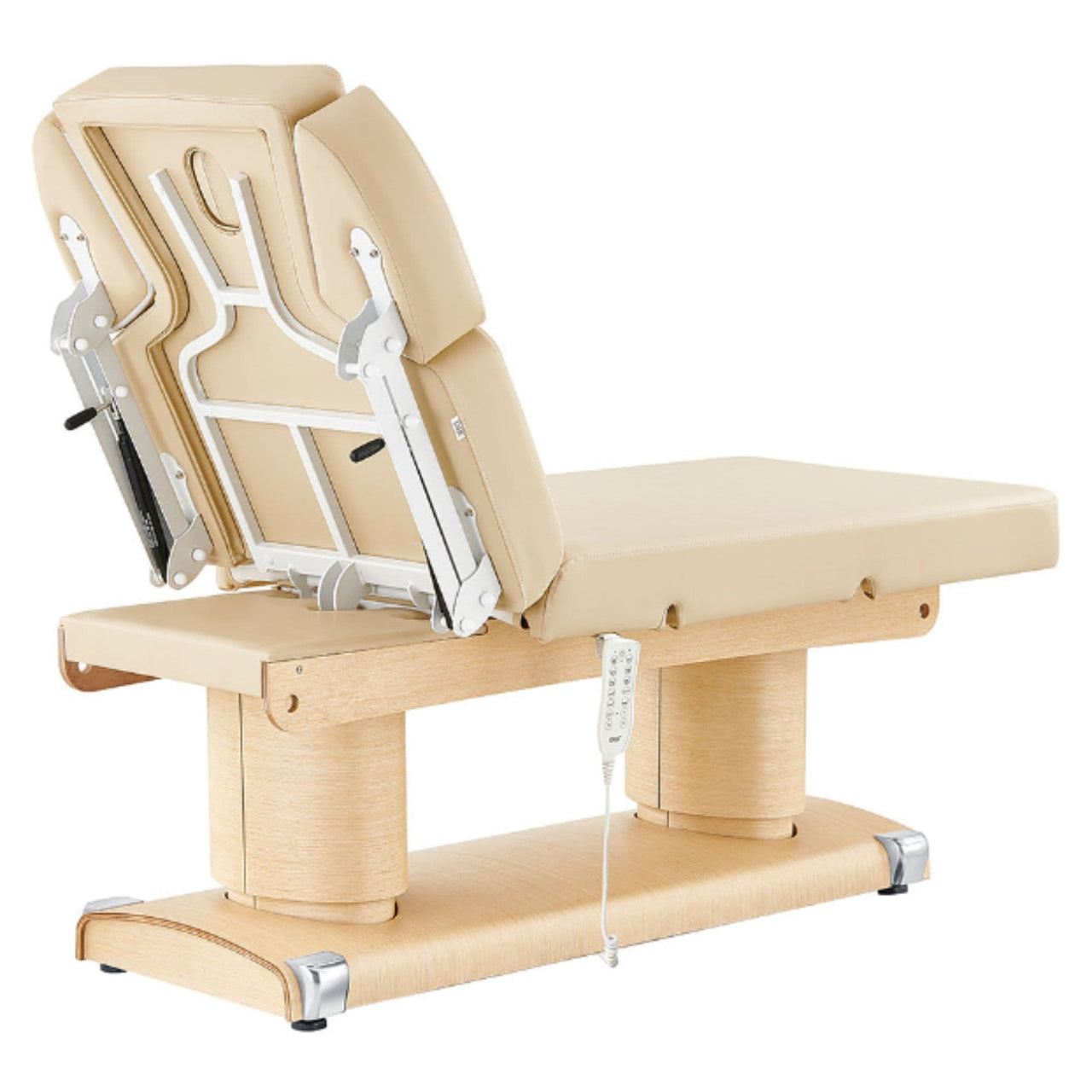 DIR Luxi 4-Motors Medical Spa Treatment Bed Rear View Of Beige Color And Reclined On Head Section With Remote Control On White Background
