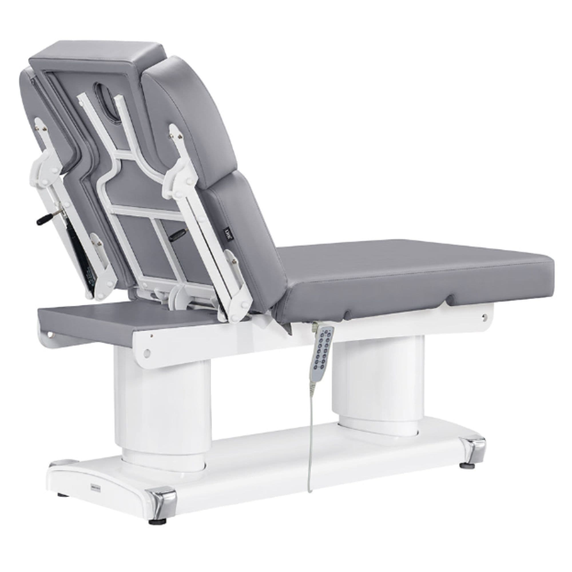 DIR Luxi 4-Motors Medical Spa Treatment Bed Rear View Of Gray Color And Reclined On Head Section With Remote Control On White Background