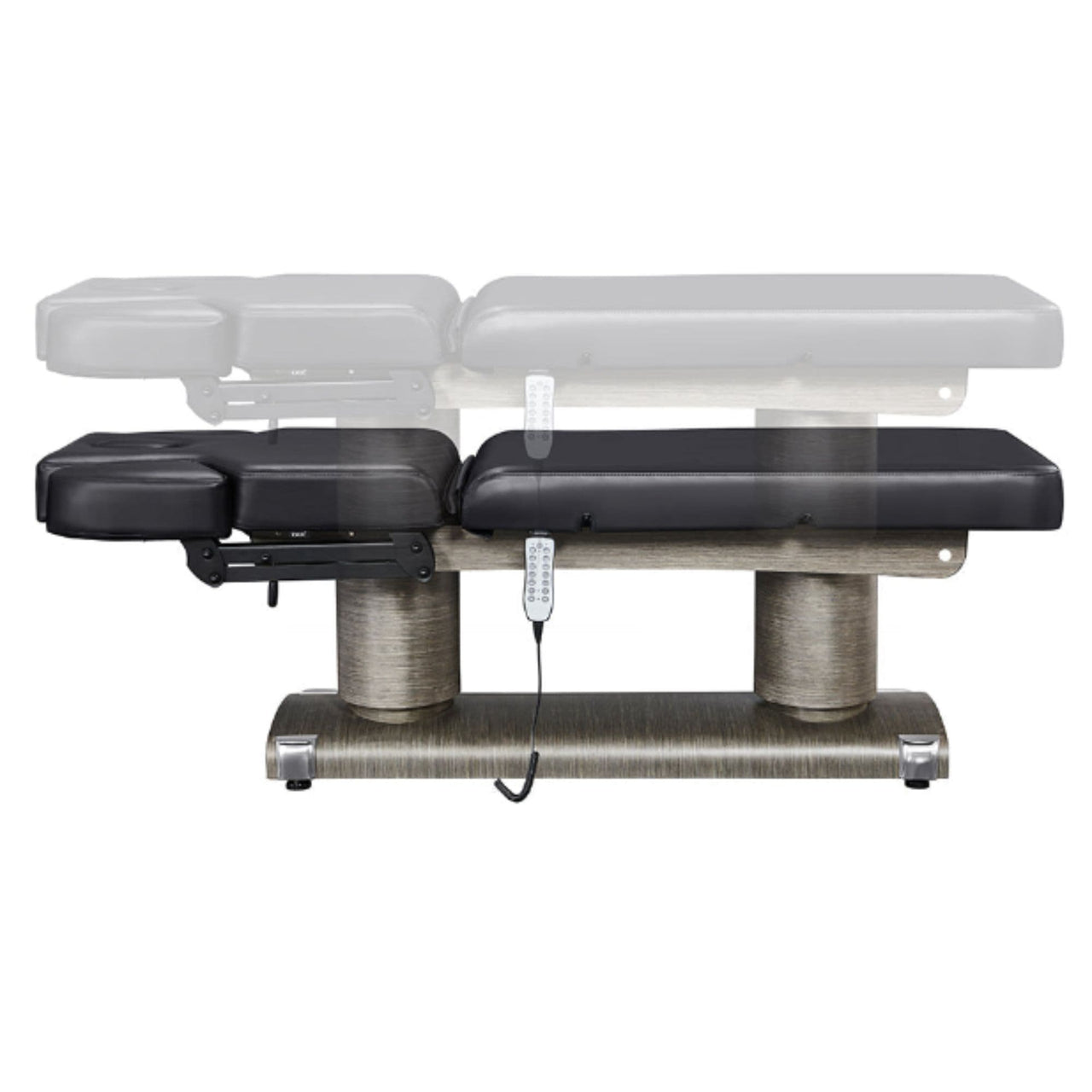 DIR Luxi 4-Motors Medical Spa Treatment Bed Side View And Fully Reclined Of Black Color Showing An Up And Down Adjustment With Remote Control On White Background