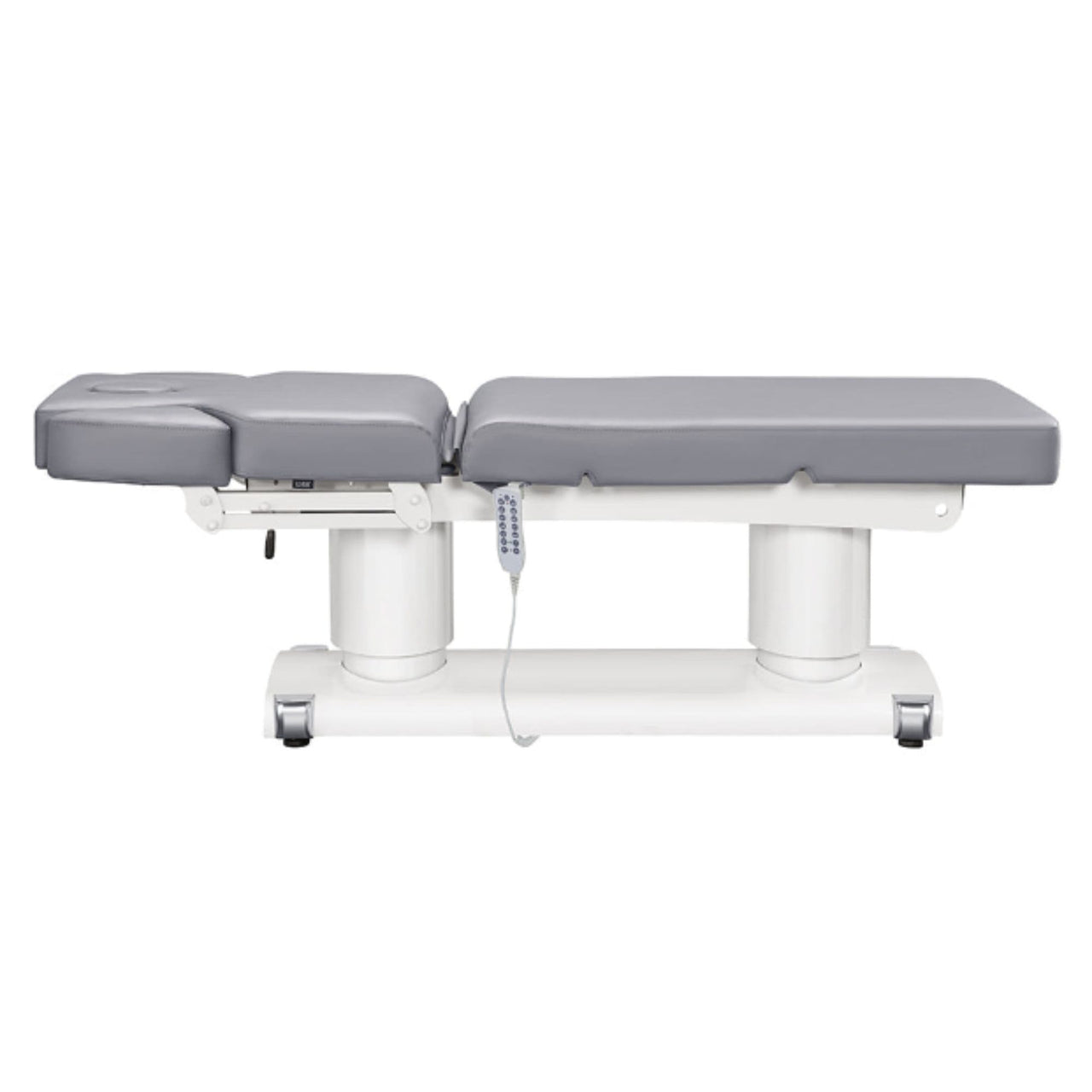 DIR Luxi 4-Motors Medical Spa Treatment Bed Side View And Fully Reclined Of Gray Color With Remote Control On White Background