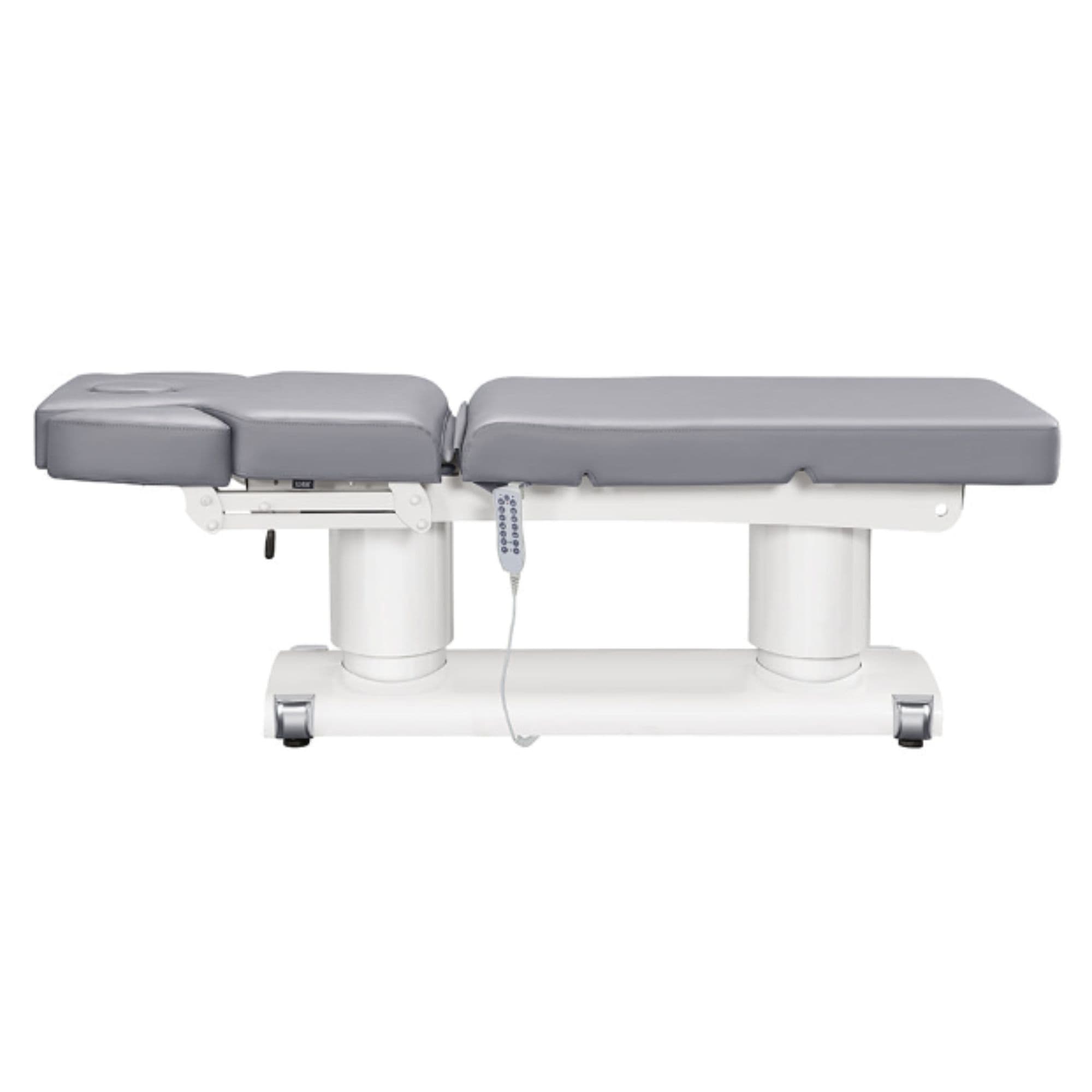 DIR Luxi 4-Motors Medical Spa Treatment Bed Side View And Fully Reclined Of Gray Color With Remote Control On White Background
