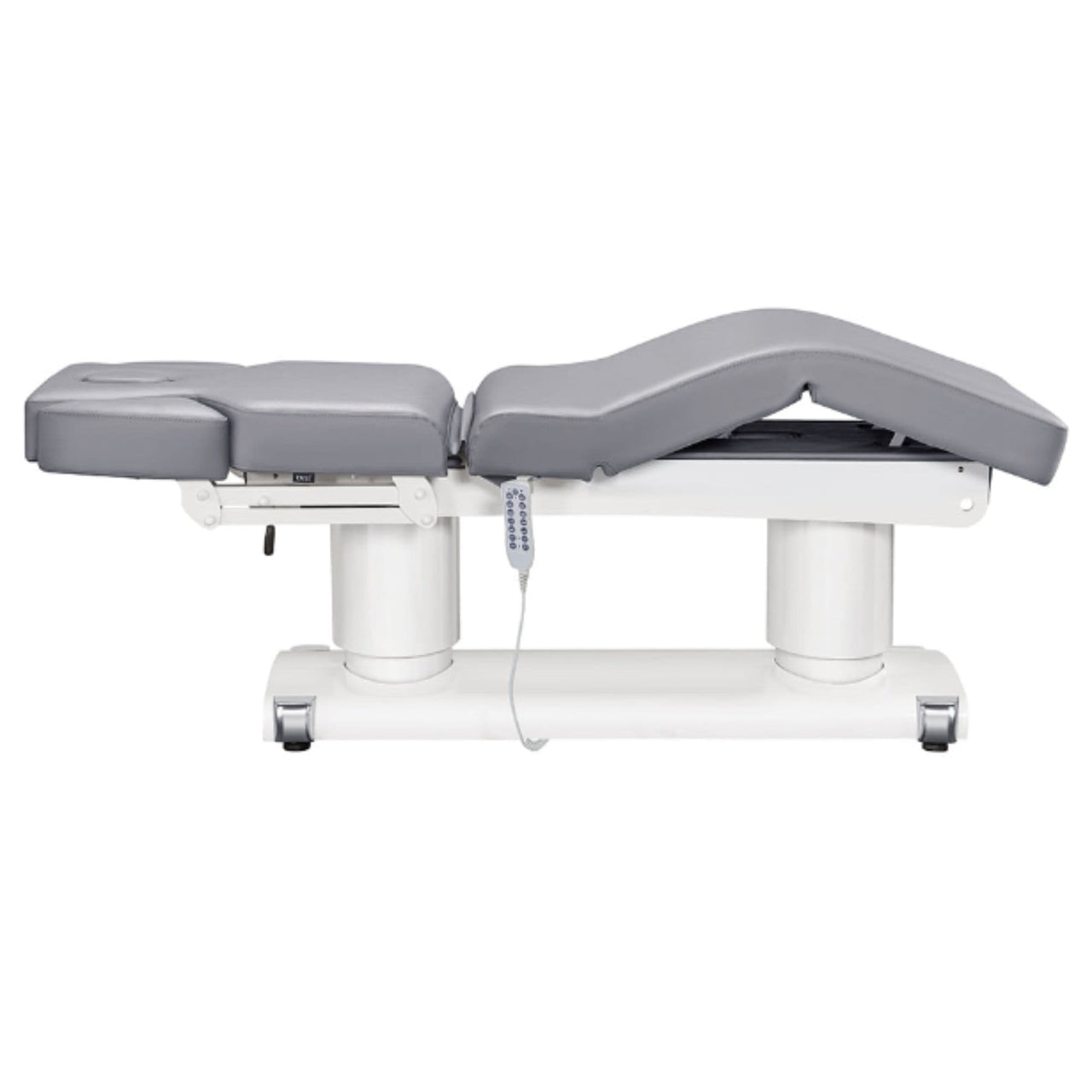 DIR Luxi 4-Motors Medical Spa Treatment Bed Side View And Fully Reclined Of Gray Color With Semi-Folded Leg Section And Remote Control On White Background