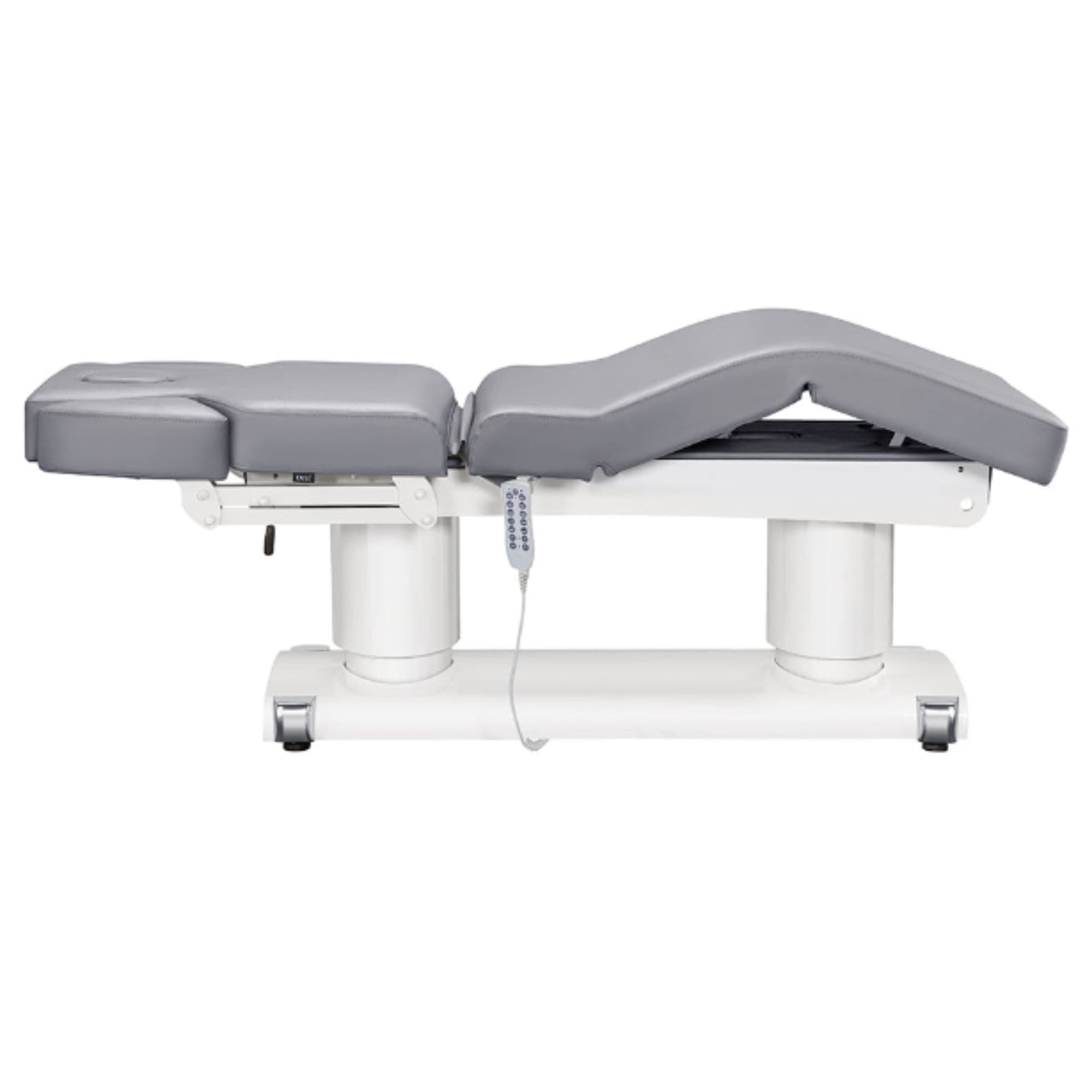 DIR Luxi 4-Motors Medical Spa Treatment Bed Side View And Fully Reclined Of Gray Color With Semi-Folded Leg Section And Remote Control On White Background