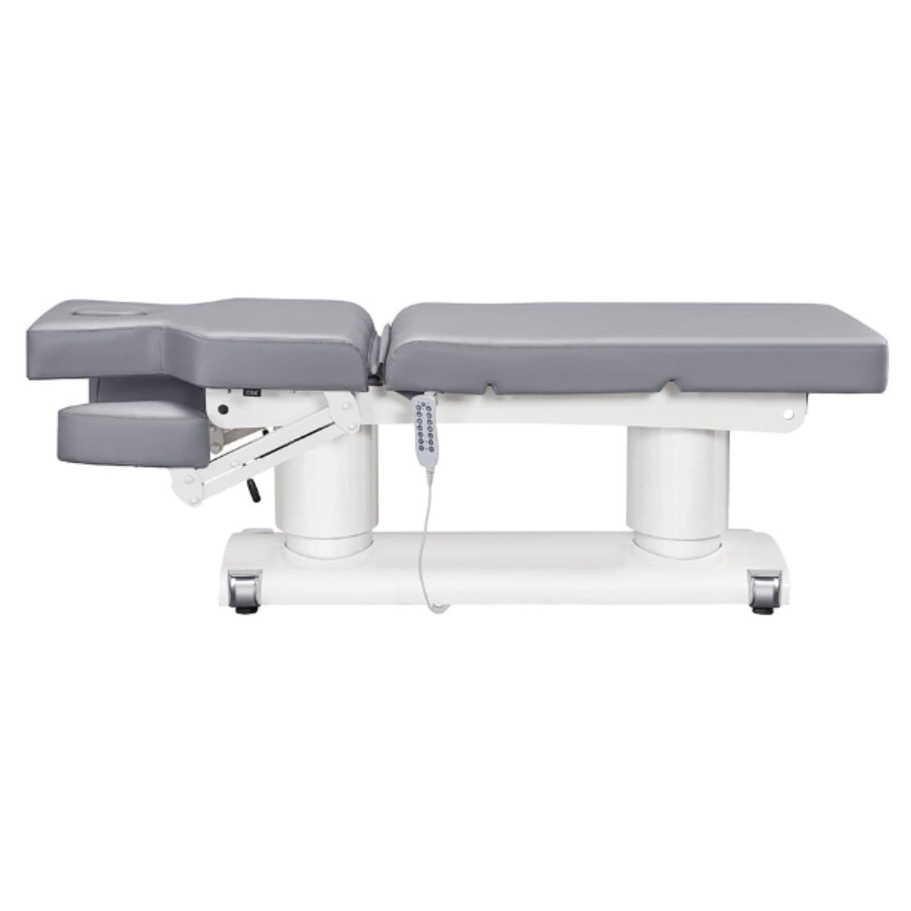 DIR Luxi 4-Motors Medical Spa Treatment Bed Side View And Fully Reclined Of Gray Color With Slightly Adjusted Side Cushion And Remote Control On White Background