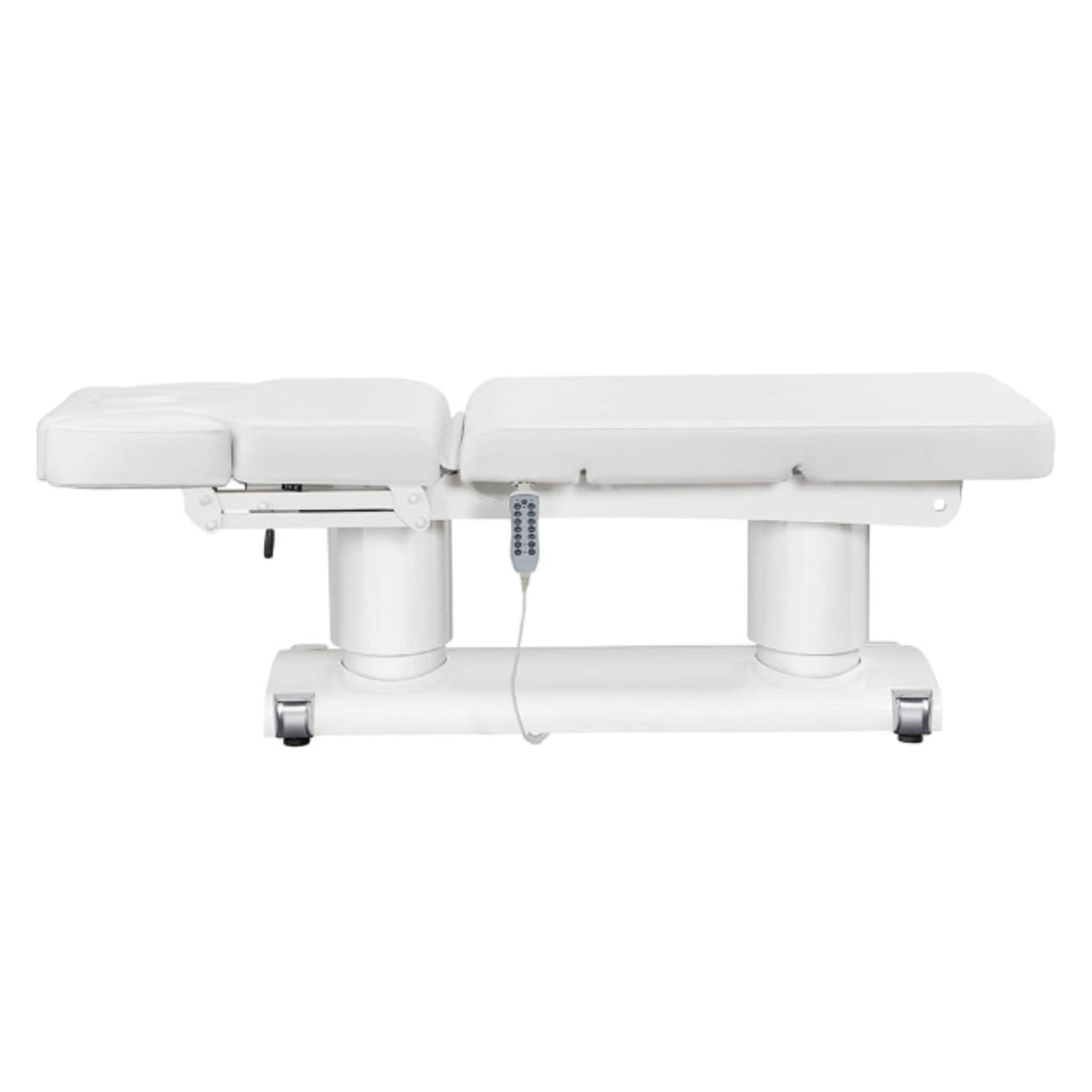 DIR Luxi 4-Motors Medical Spa Treatment Bed Side View And Fully Reclined Of White Color With Remote Control On White Background