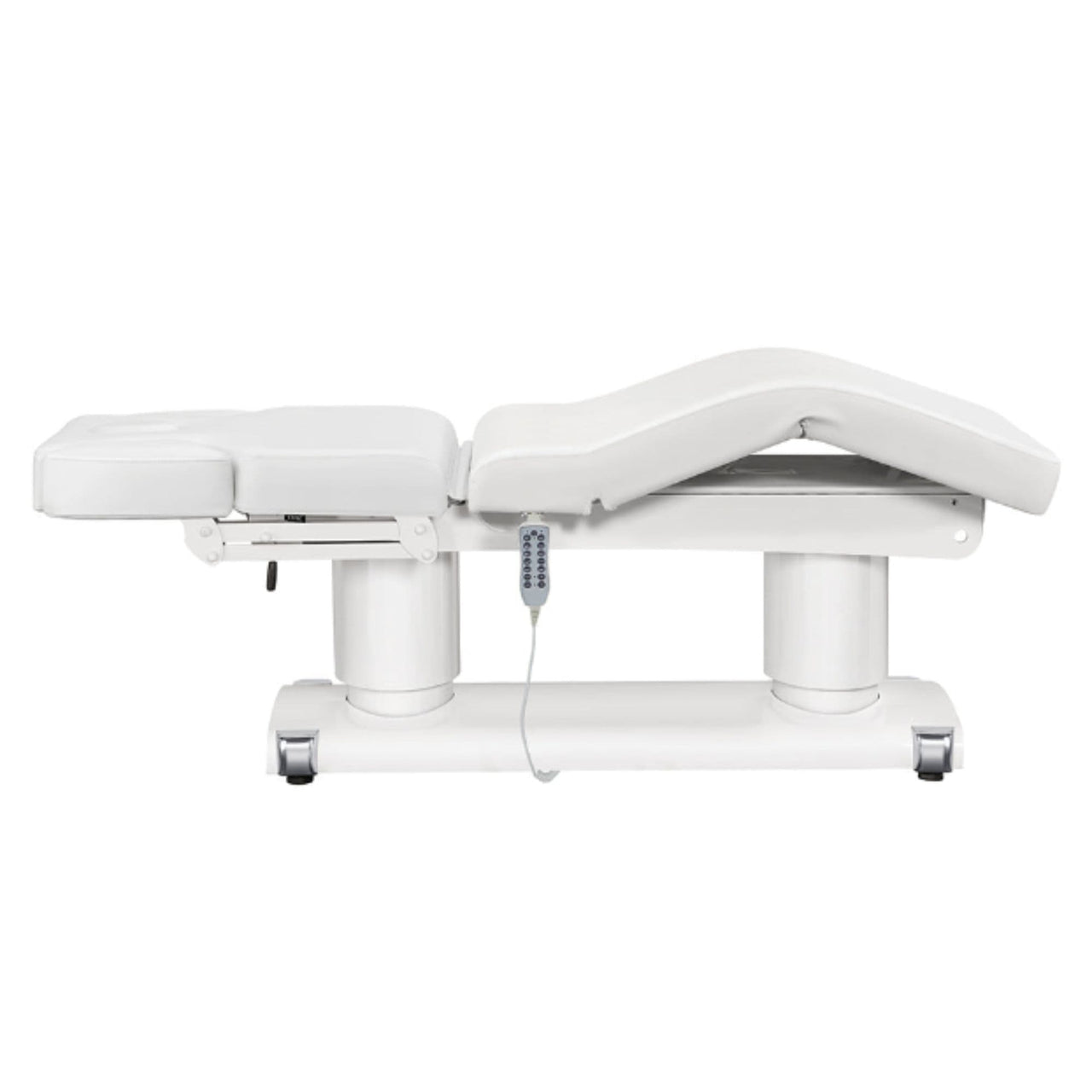 DIR Luxi 4-Motors Medical Spa Treatment Bed Side View And Fully Reclined Of White Color With Semi-Folded Leg Section And Remote Control On White Background
