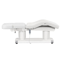 Thumbnail for DIR Luxi 4-Motors Medical Spa Treatment Bed Side View And Fully Reclined Of White Color With Semi-Folded Leg Section And Remote Control On White Background