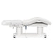 DIR Luxi 4-Motors Medical Spa Treatment Bed Side View And Fully Reclined Of White Color With Semi-Folded Leg Section And Remote Control On White Background