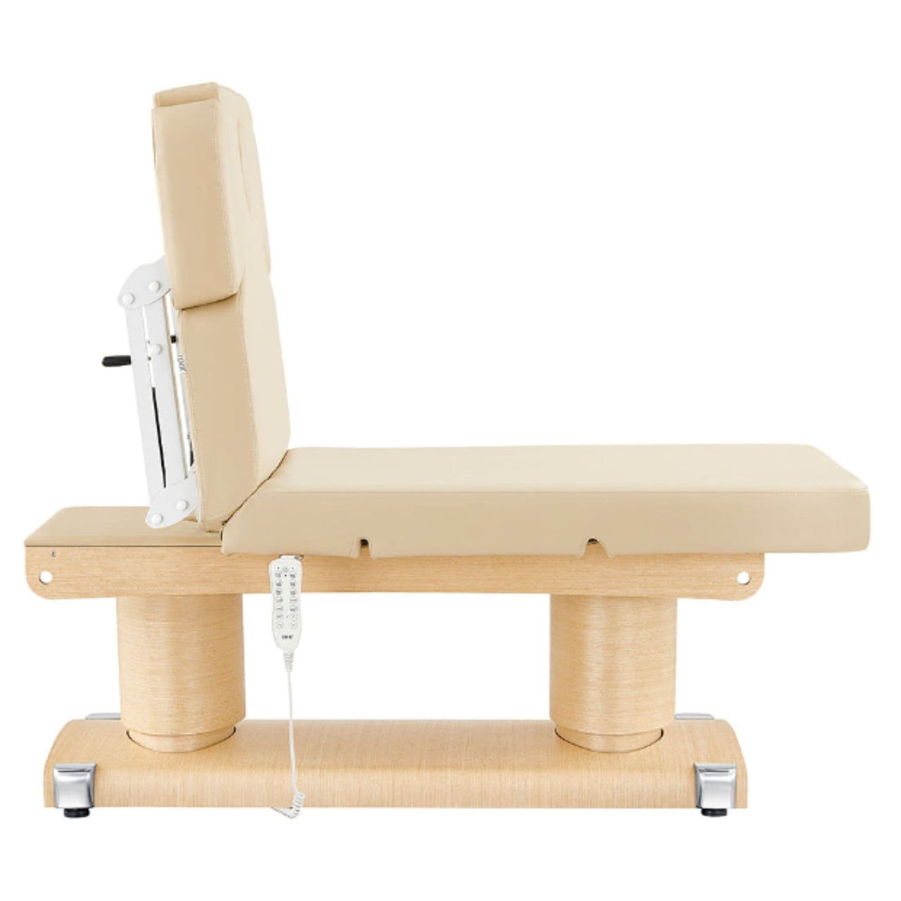 DIR Luxi 4-Motors Medical Spa Treatment Bed Side View Of Beige Color And Fully Reclined On Head Section With Remote Control On White Background