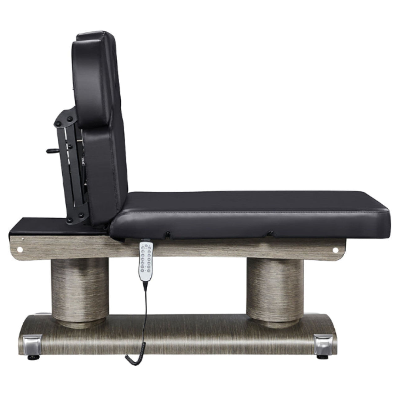 DIR Luxi 4-Motors Medical Spa Treatment Bed Side View Of Black Color And Fully Reclined On Head Section With Remote Control On White Background