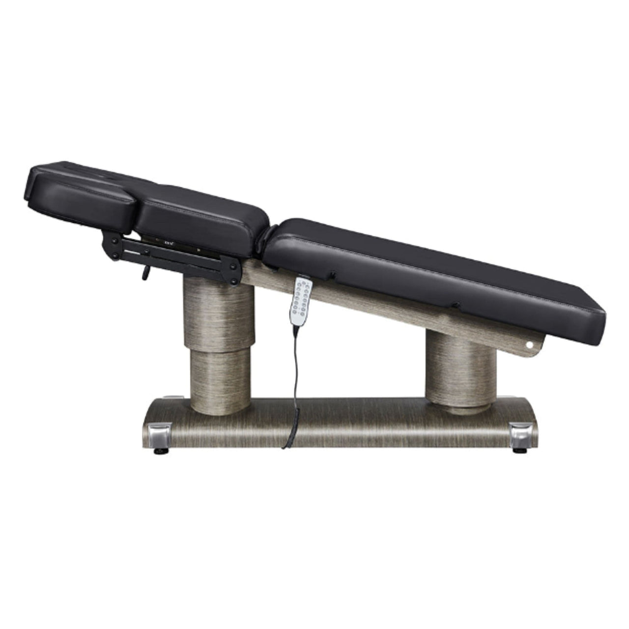 DIR Luxi 4-Motors Medical Spa Treatment Bed Side View Of Black Color Fully Reclined Chair And Raised Head Section With Remote Control On White Background