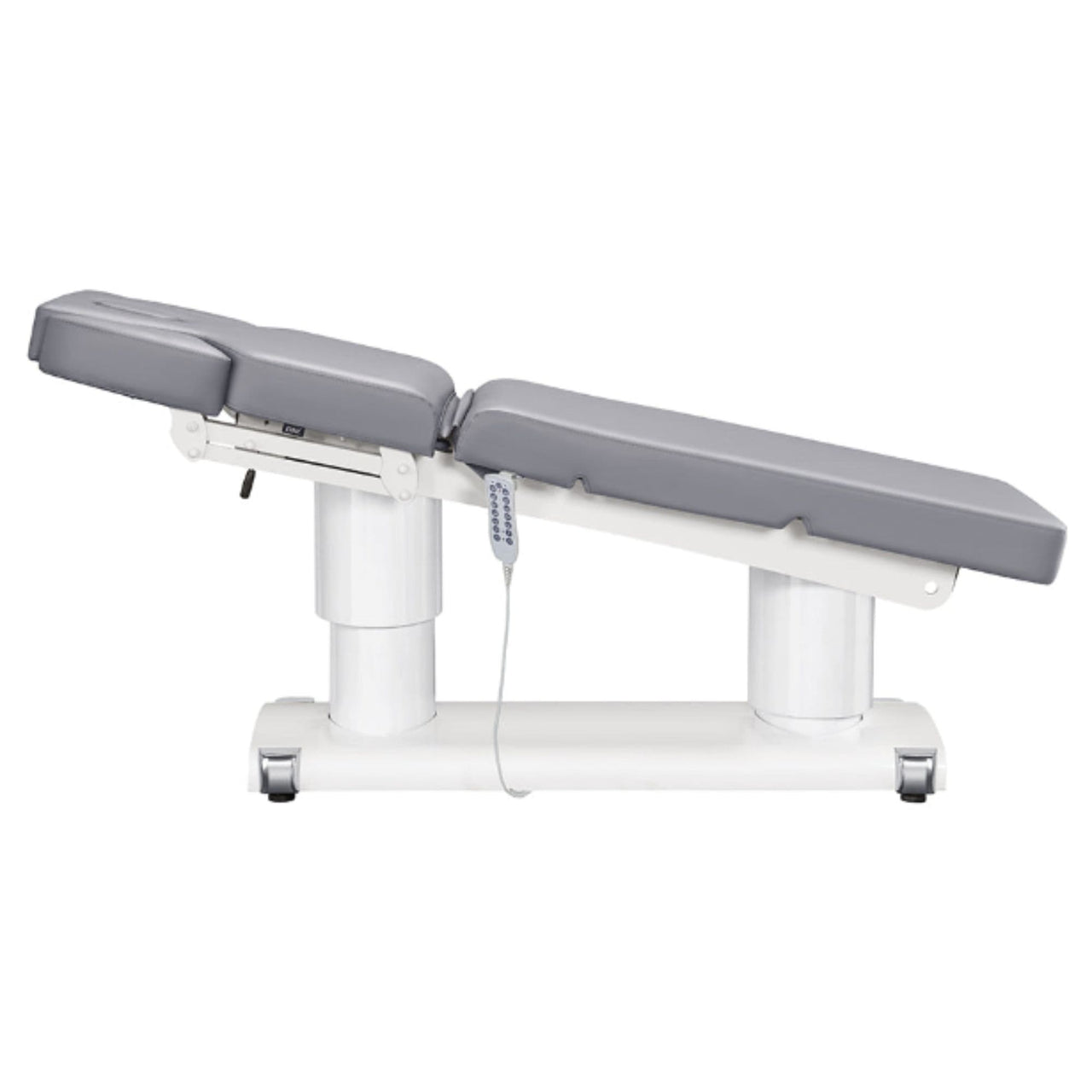 DIR Luxi 4-Motors Medical Spa Treatment Bed Side View Of Gray Color Fully Reclined Chair And Raised Head Section With Remote Control On White Background