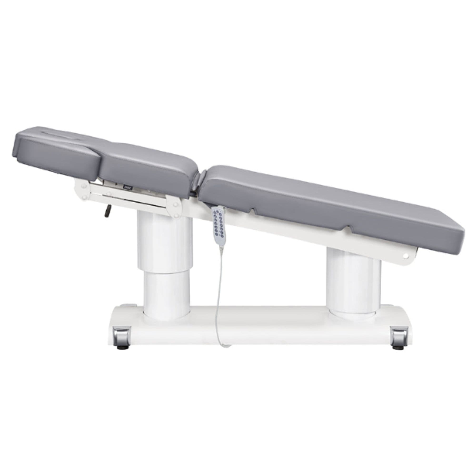 DIR Luxi 4-Motors Medical Spa Treatment Bed Side View Of Gray Color Fully Reclined Chair And Raised Head Section With Remote Control On White Background