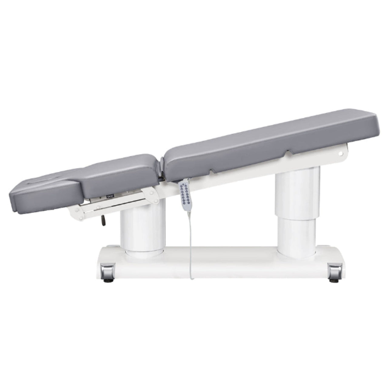 DIR Luxi 4-Motors Medical Spa Treatment Bed Side View Of Gray Color Fully Reclined Chair With Raised Leg Section And Remote Control On White Background