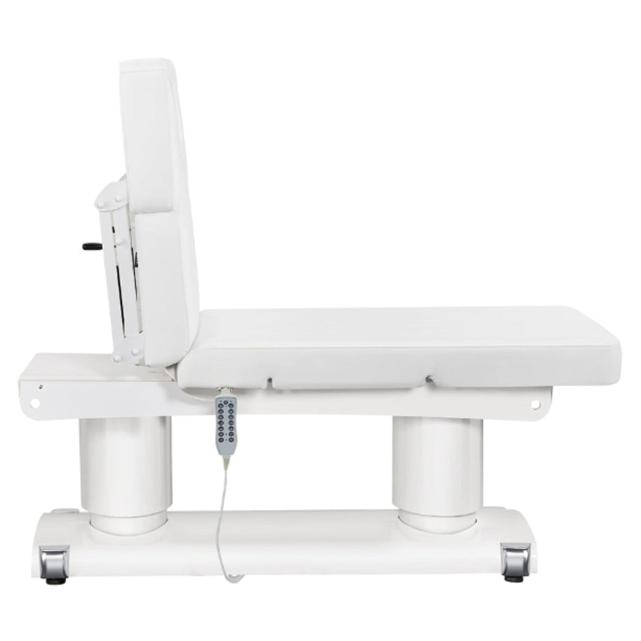 DIR Luxi 4-Motors Medical Spa Treatment Bed Side View Of White Color And Fully Reclined On Head Section With Remote Control On White Background