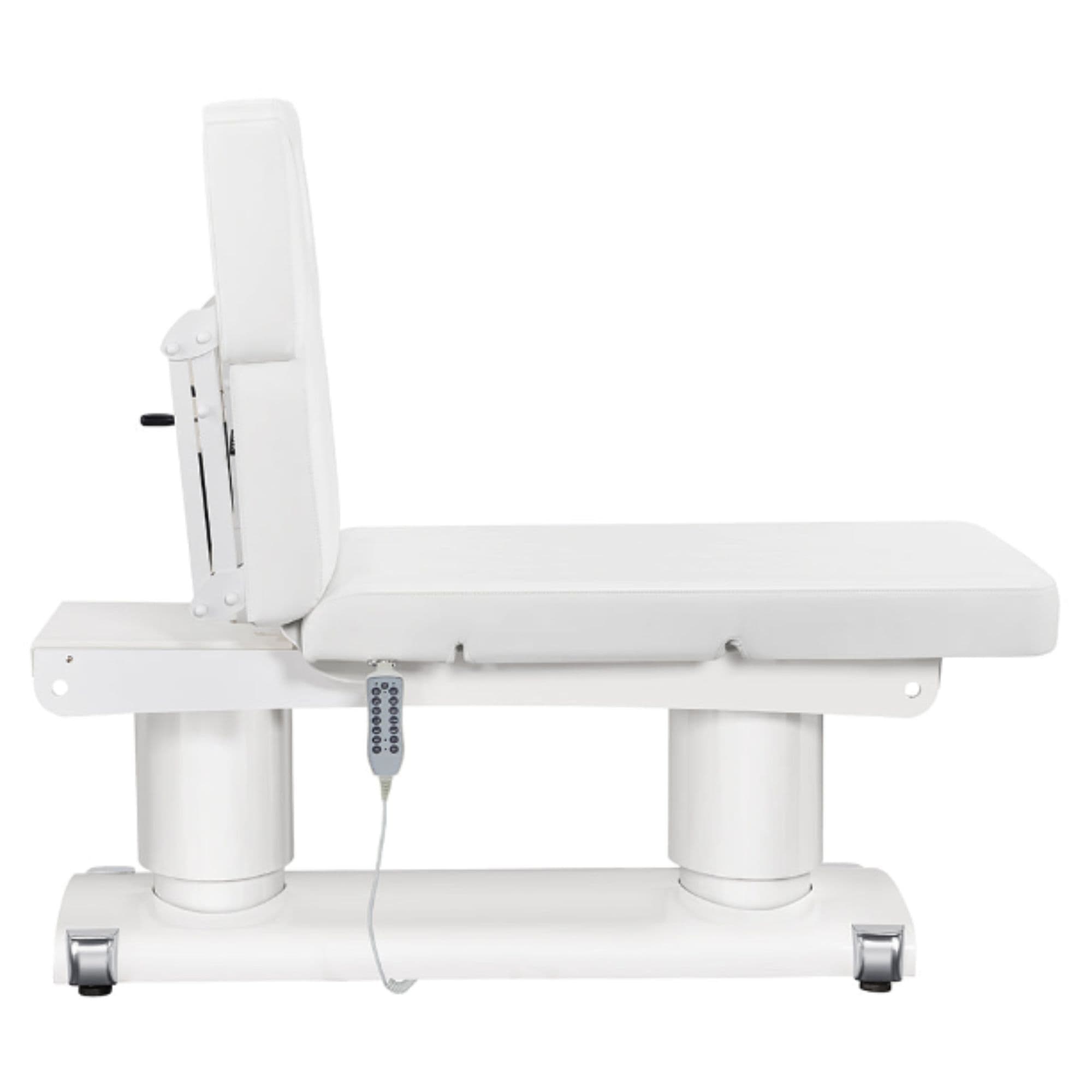 DIR Luxi 4-Motors Medical Spa Treatment Bed Side View Of White Color And Fully Reclined On Head Section With Remote Control On White Background