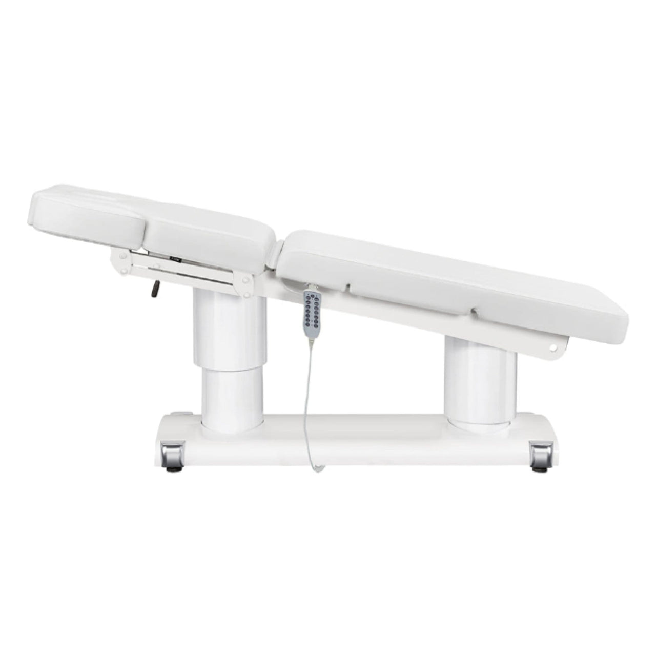 DIR Luxi 4-Motors Medical Spa Treatment Bed Side View Of White Color Fully Reclined Chair And Raised Head Section With Remote Control On White Background