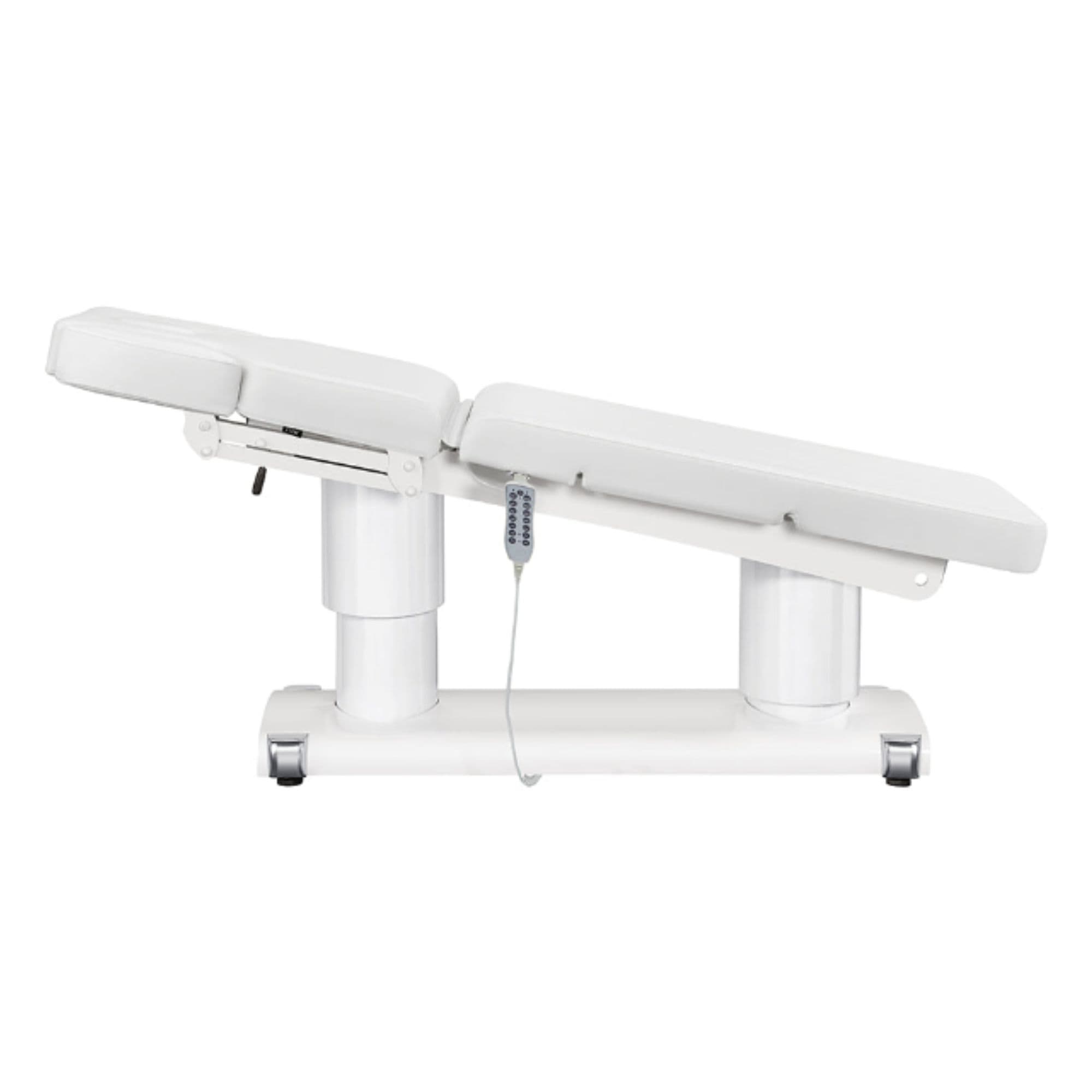 DIR Luxi 4-Motors Medical Spa Treatment Bed Side View Of White Color Fully Reclined Chair And Raised Head Section With Remote Control On White Background