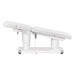 DIR Luxi 4-Motors Medical Spa Treatment Bed Side View Of White Color Fully Reclined Chair And Raised Head Section With Remote Control On White Background