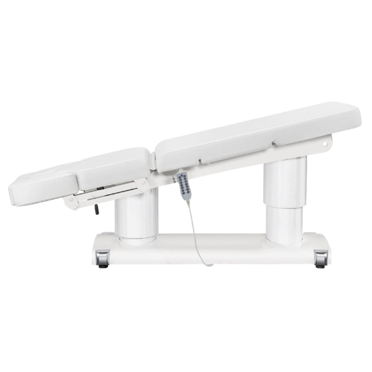 DIR Luxi 4-Motors Medical Spa Treatment Bed Side View Of White Color Fully Reclined Chair With Raised Leg Section And Remote Control On White Background
