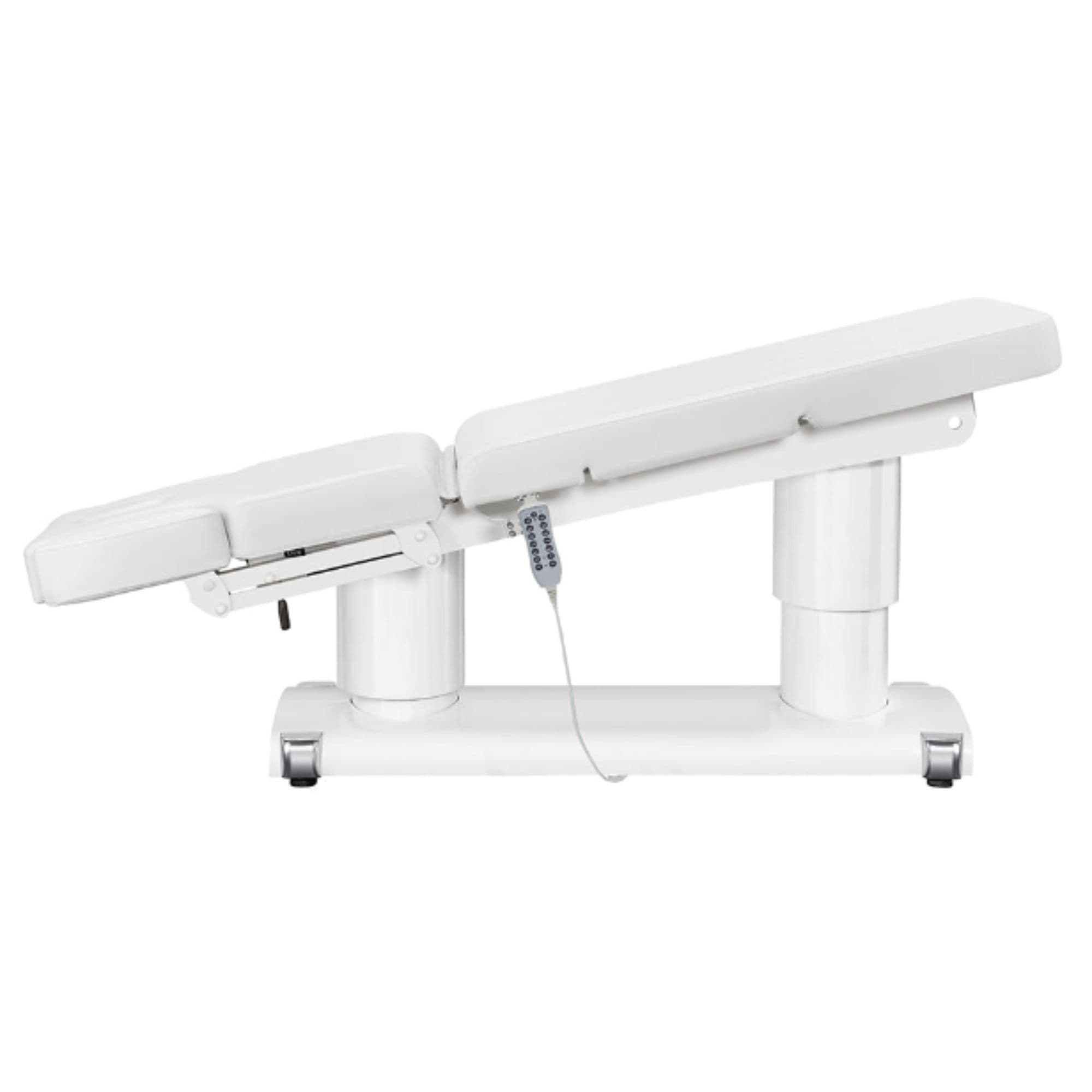 DIR Luxi 4-Motors Medical Spa Treatment Bed Side View Of White Color Fully Reclined Chair With Raised Leg Section And Remote Control On White Background