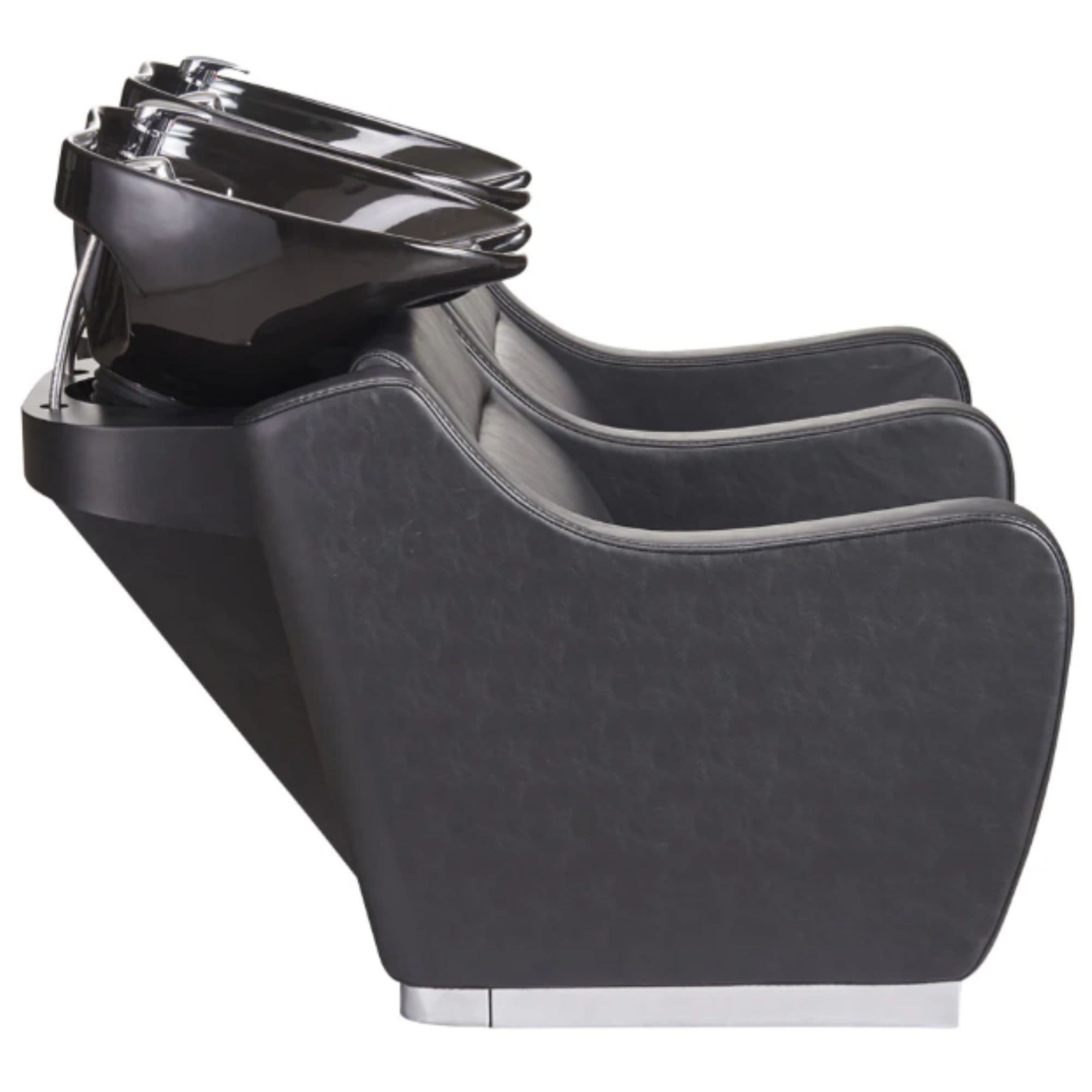 DIR Majestic Double Seats Shampoo Chair Black Side View With Black Double Shampoo Wash Station On Plain White Background
