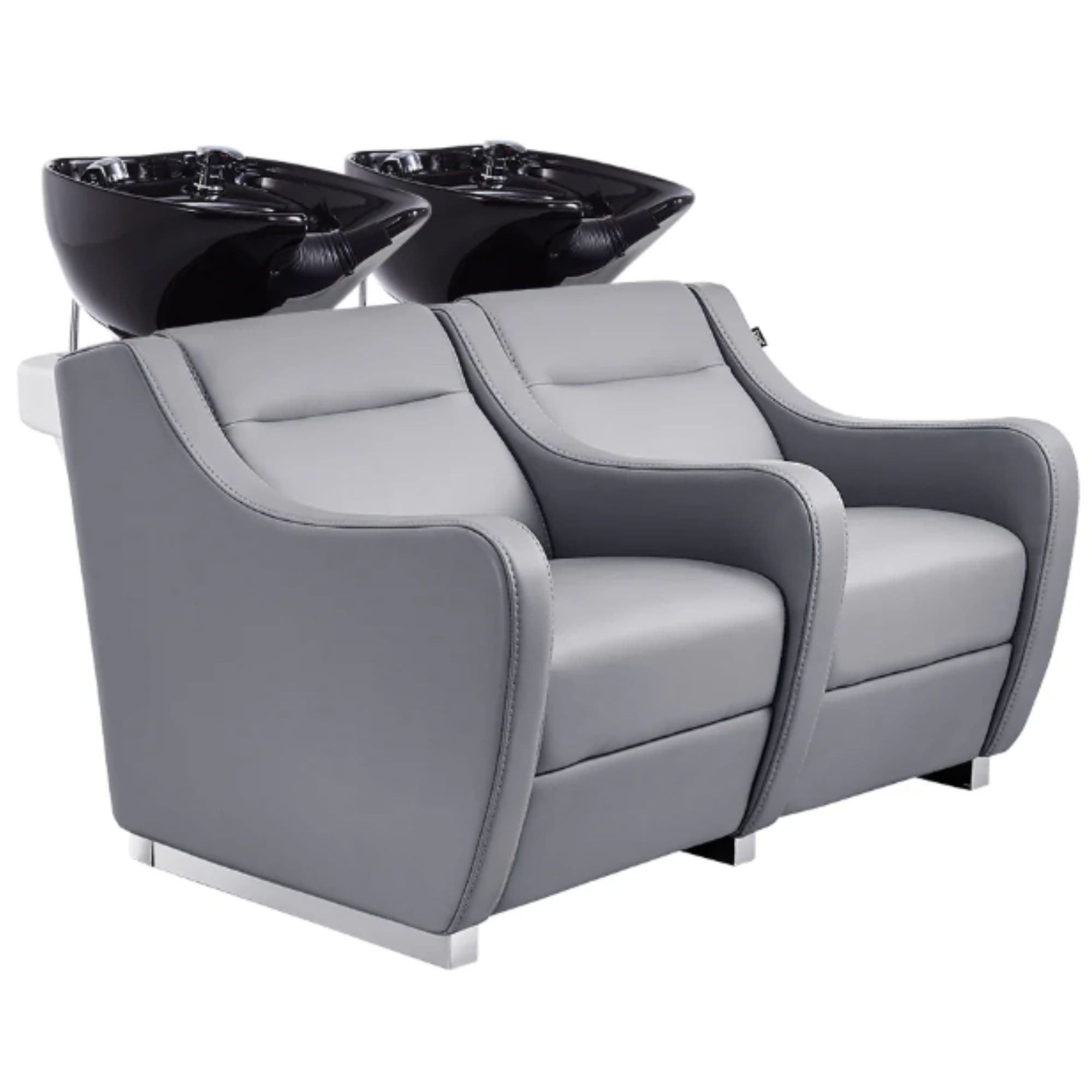 DIR Majestic Double Seats Shampoo Chair Gray Front Angled View With Black Double Shampoo Wash Station On Plain White Background