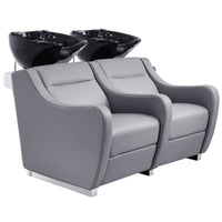 Thumbnail for DIR Majestic Double Seats Shampoo Chair Gray Front Angled View With Black Double Shampoo Wash Station On Plain White Background
