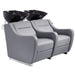 DIR Majestic Double Seats Shampoo Chair Gray Front Angled View With Black Double Shampoo Wash Station On Plain White Background