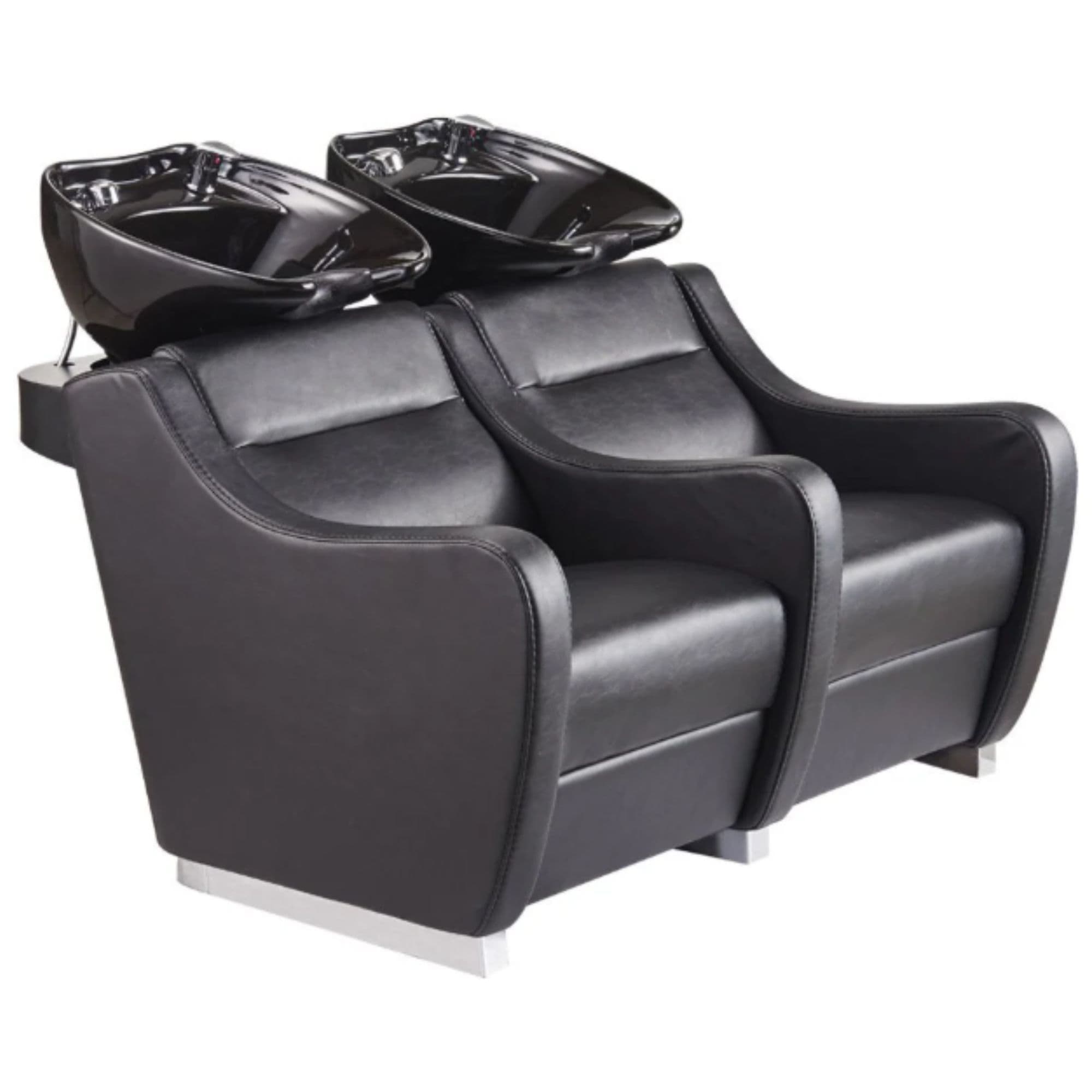 DIR Majestic Double Seats Shampoo Chair – Space-Saving Salon Solution Black Front Angled View With Black Double Shampoo Wash Station On Plain White Background