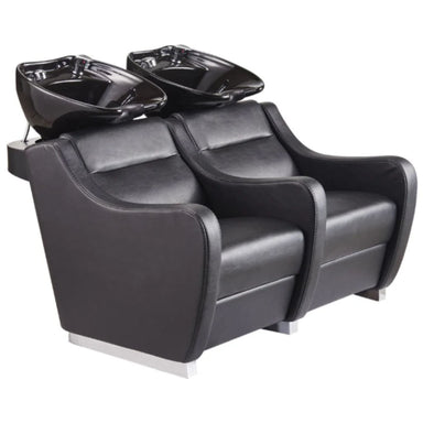 DIR Majestic Double Seats Shampoo Chair – Space-Saving Salon Solution Black Front Angled View With Black Double Shampoo Wash Station On Plain White Background
