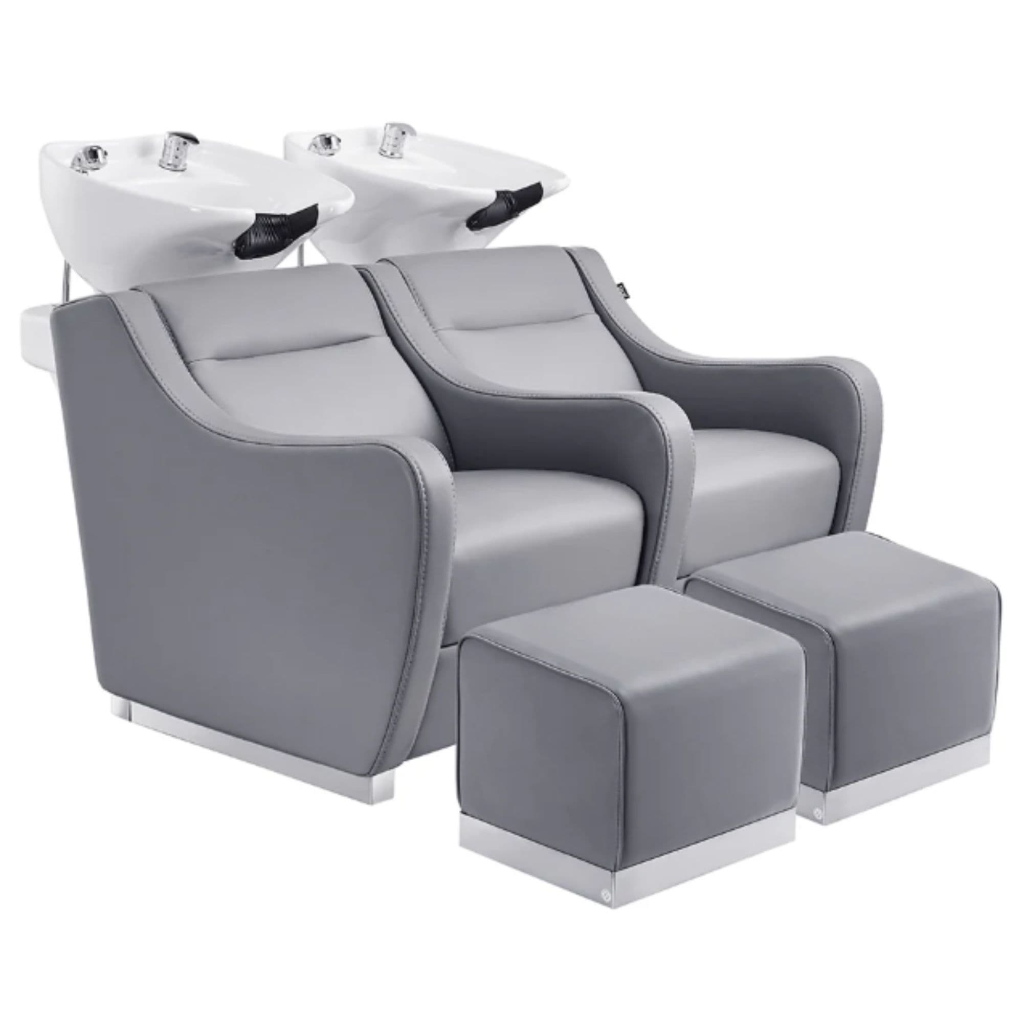 DIR Majestic Double Seats Shampoo Chair – Space-Saving Salon Solution Gray Front Angled View With Two Stools And White Double Shampoo Wash Station On Plain White Background
